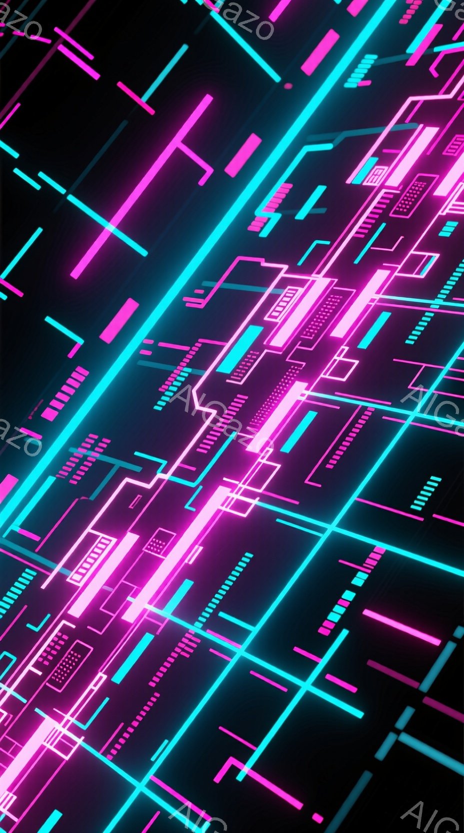 鮮やかなネオンピンクとターコイズブルーの線が、黒い背景の上を交差する抽象的なデジタルアート作品です。線は様々な長さと角度で配置され、まるで未来的な回路やネットワークのような視覚効果を生み出しています。全体的に、エネルギッシュでサイバーパンク風の雰囲気を醸し出しています。