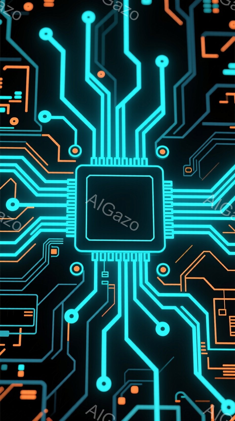 鮮やかなターコイズブルーの回路が、黒色の背景を覆い尽くしています。中心には、複雑な配線が集中した長方形のチップが配置されており、未来的なテクノロジーを感じさせます。全体的に、流れるような光のラインと幾 - AI生成フリー素材
