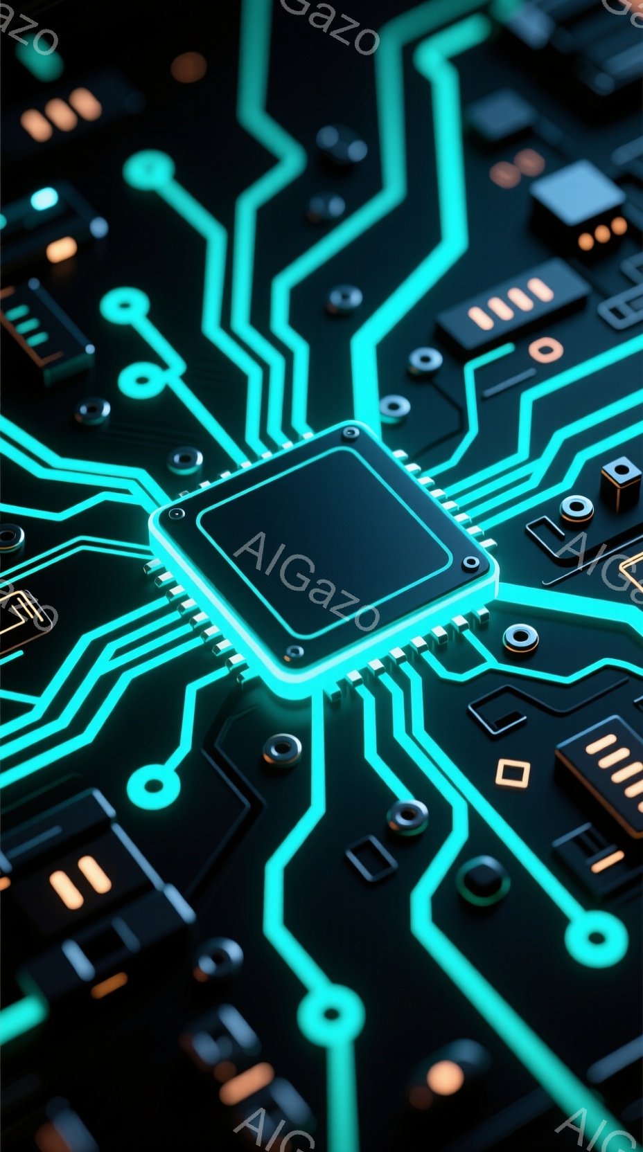 この画像は、複雑な電子回路基板をクローズアップしたものです。鮮やかな緑色の配線が黒い基板上を複雑に走り、中央には光を放つ四角いチップが配置されています。全体的に未来的な雰囲気で、テクノロジーやデジタル - AI生成フリー素材