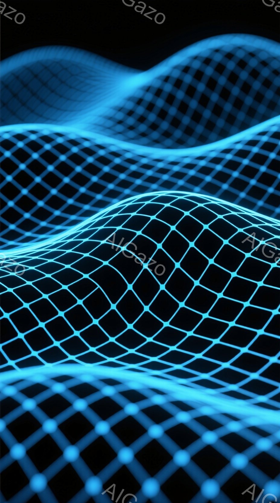 この画像は、光る青いネットワーク状の線が、波打つように広がる様子を描いています。暗い背景に浮かび上がり、未来的なデジタル空間を連想させる抽象的な表現です。光の点と線が織りなす模様は、エネルギーの流れや - AI生成フリー素材