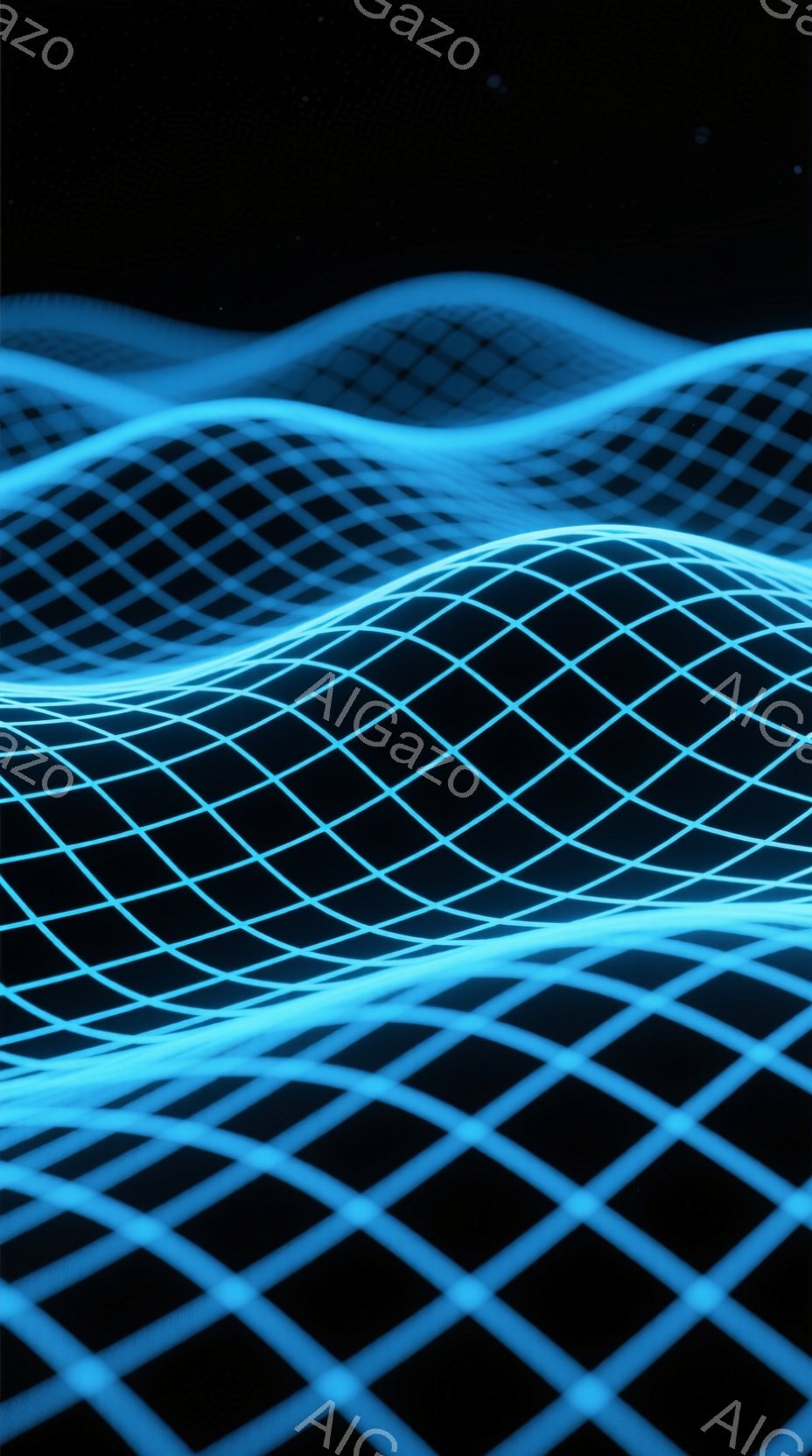 鮮やかなネオンブルーのグリッドが、まるでサイバー空間のような奥行きのある背景を形成しています。グリッドは波打つように歪んでおり、未来的なデジタル風景を連想させます。暗い背景とのコントラストが、このグリ - AI生成フリー素材