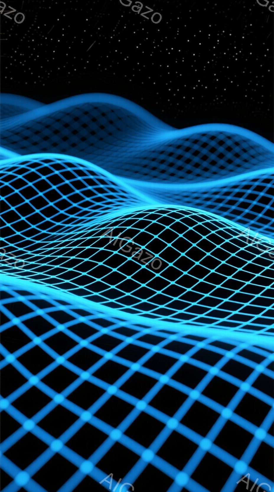 鮮やかな青色のグリッドが、波打つように広がるデジタルな景観が印象的です。黒色の背景に発光する線が、サイバー空間や仮想現実を想起させる未来的な雰囲気を醸し出しています。全体的に、テクノロジーとアートが融合した抽象的な表現と言えるでしょう。