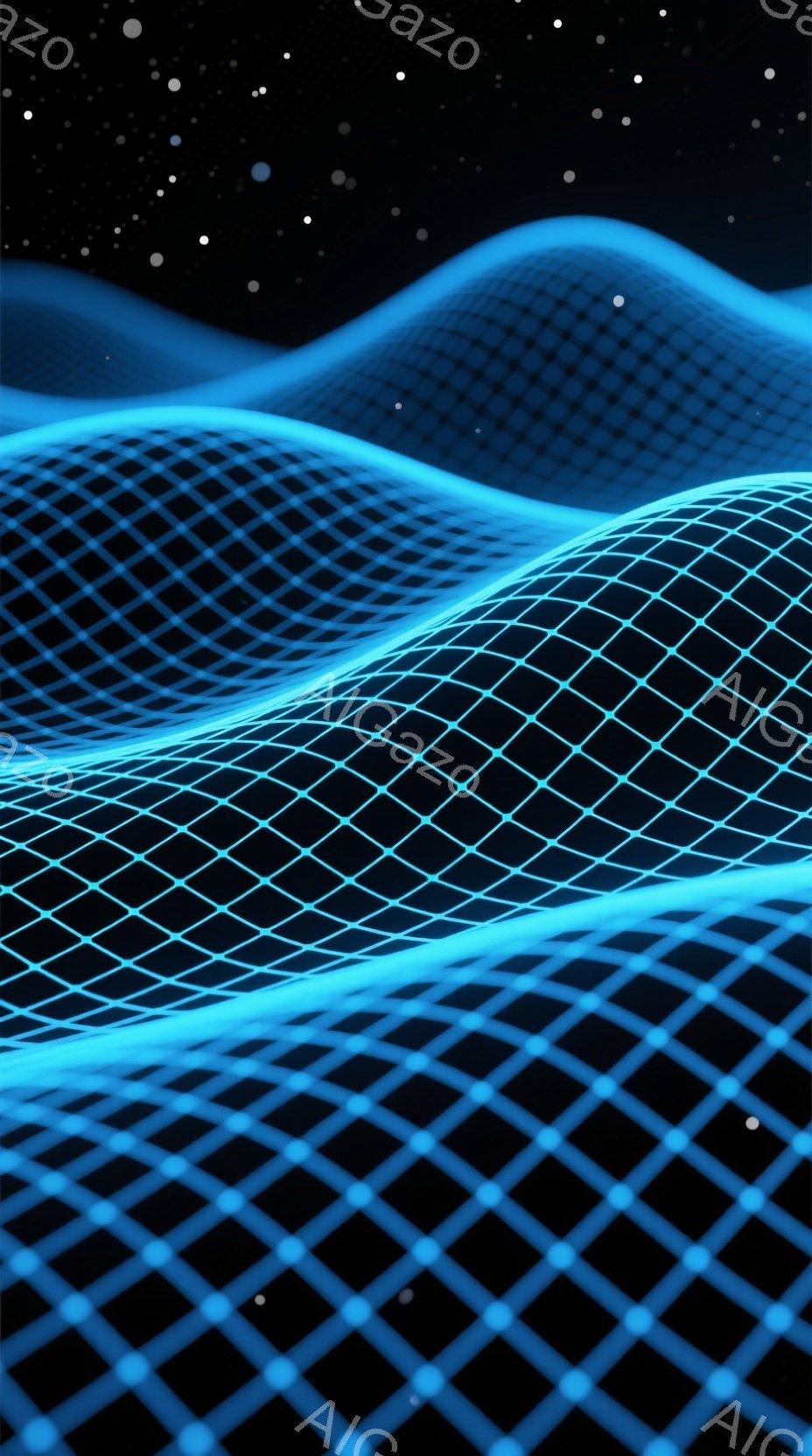 鮮やかなネオンブルーのグリッドが波のようにうねり、まるでサイバー空間の風景を思わせる画像です。背景は深い黒色で、星のような小さな光点が散りばめられ、未来的な雰囲気を強調しています。全体的に、デジタルア - AI生成フリー素材