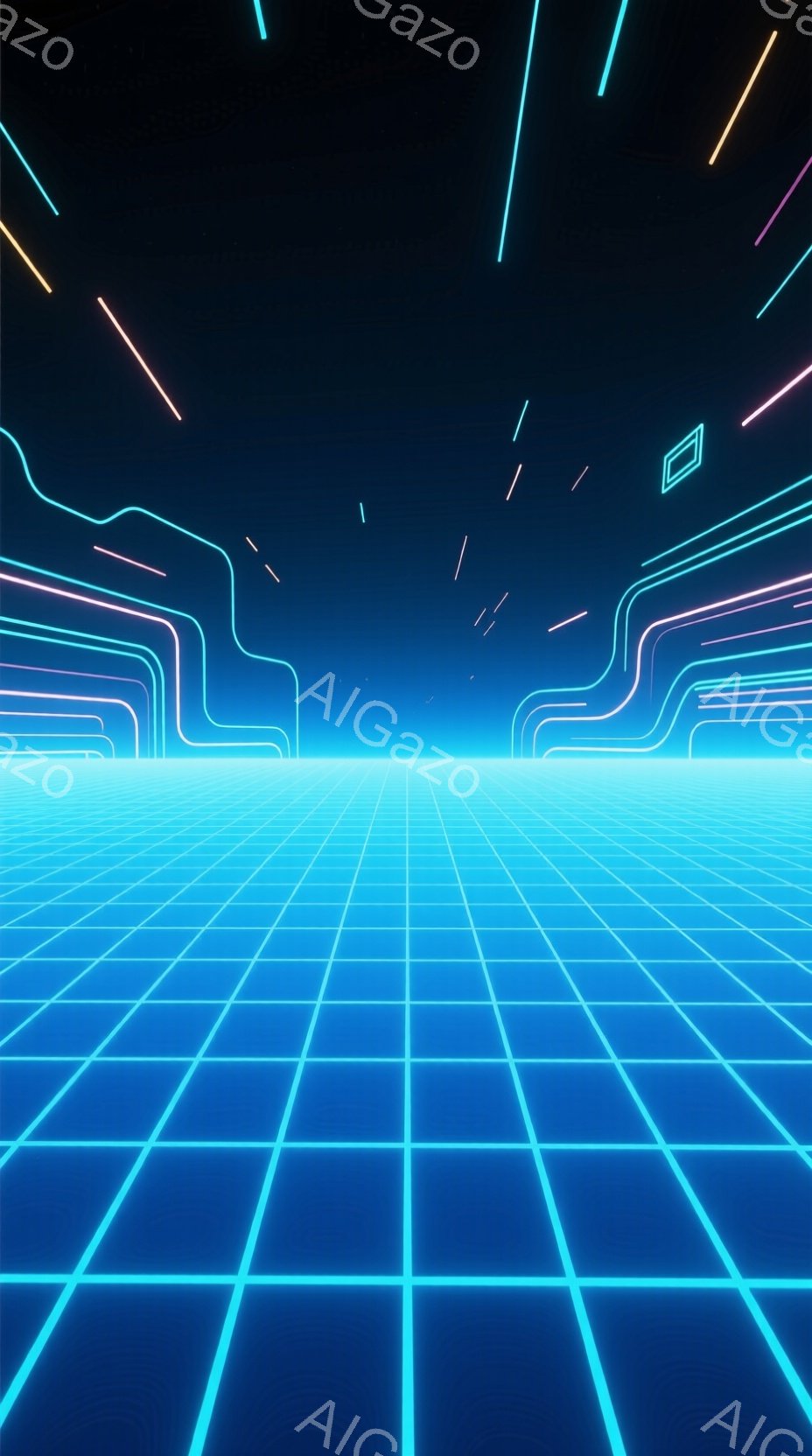 この画像は、ネオンカラーで描かれた仮想空間の風景です。水平方向に伸びる明るい青色のグリッドが視覚的な中心をなし、遠くへ続くように消失点に向かって収束しています。上部には、同様にネオンカラーの線が幾何学 - AI生成フリー素材