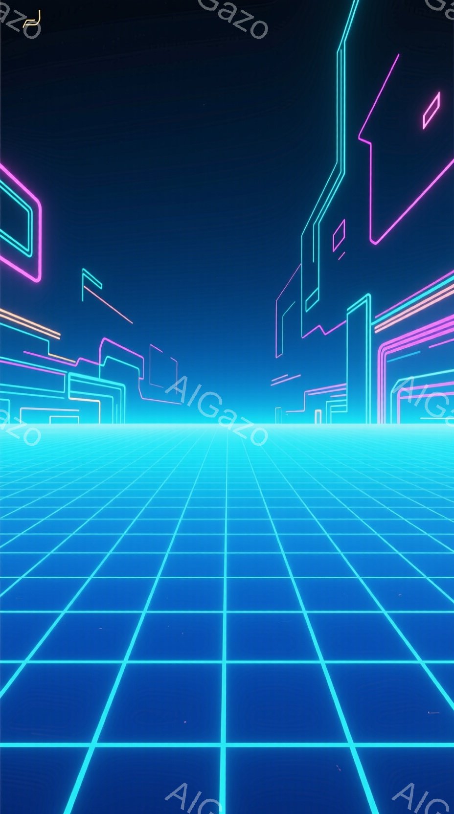 この画像は、未来的なデジタル空間を表現しており、明るい青色のグリッド状の地面が遠くまで続いている。背景には、ネオンピンクと青色の幾何学的な線で構成された、高層ビル群のような構造物がシルエットとして浮かび上がり、サイバーパンクや80年代のレトロゲームを想起させる雰囲気を醸し出している。全体的に、鮮やかな色彩とシンプルな形状が組み合わさり、没入感のある仮想現実空間を彷彿とさせる。