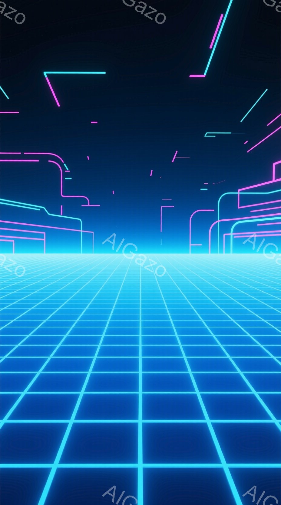 この画像は、未来的なグリッド状の地面が遠くまで続く様子を描いています。明るい青色の線が格子状に走り、遠くにはピンク色の光る線が幾何学的な形を作っています。全体的に、80年代のレトロな雰囲気とサイバー空間のような無限の広がりを感じさせる、幻想的で鮮やかな光景です。