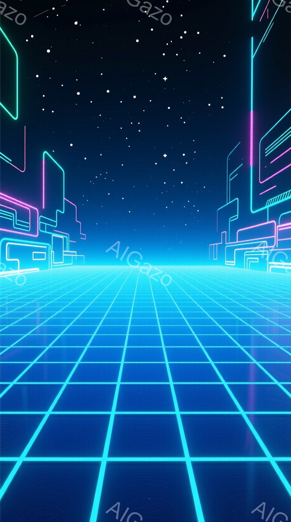この画像は、ネオンカラーで描かれた仮想空間の風景です。地平線に向かって伸びる格子状の道が特徴的で、遠くには未来的な建物がシルエットで浮かび上がっています。全体的に、80年代のレトロな雰囲気を醸し出し、サイバーパンクな世界観を感じさせます。