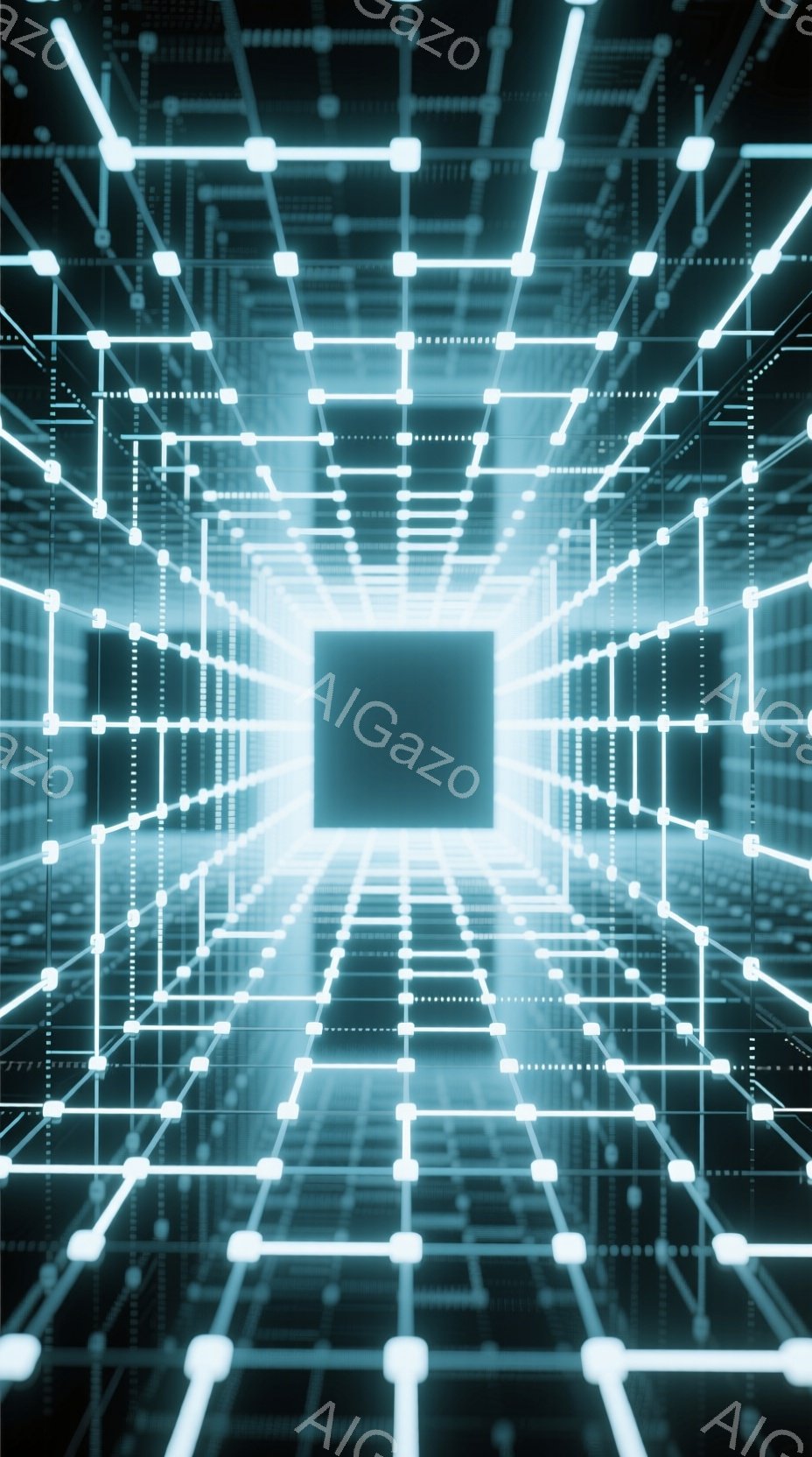 この画像は、白く光る線が立方体状に交差する、未来的なトンネルのような空間を描いています。線は遠近法によって消失点に向かって収束し、中央に明るい青色の空間を作り出しています。全体的に、サイバー空間やデジタル世界を彷彿とさせる、クールで没入感のある雰囲気です。