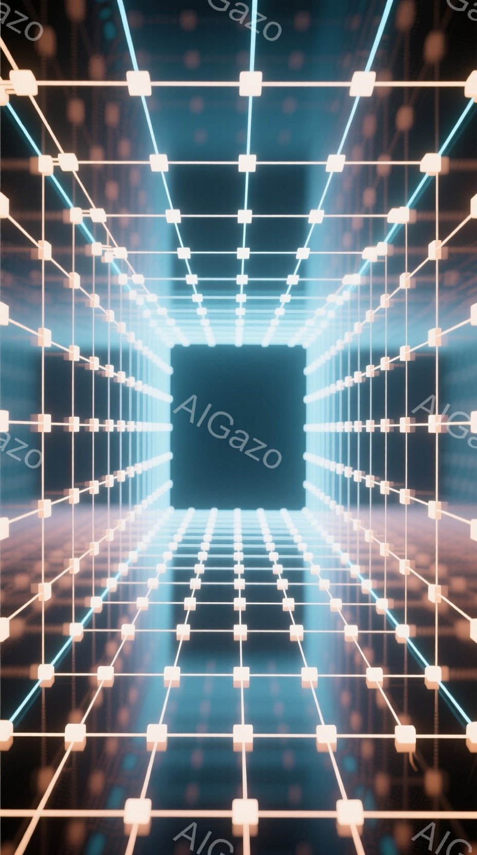 この画像は、光る細い線で構成された無限に続くトンネルのような空間を描写している。線は立方体状のノードで接続されており、遠近法によって奥行きが強調されている。全体的に青みがかった暗い背景が、未来的な雰囲気と神秘的な感覚を醸し出している。