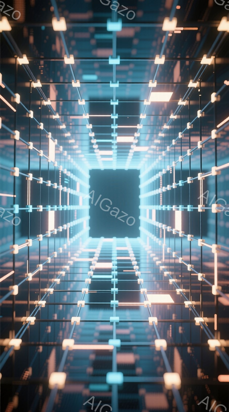 この画像は、青とオレンジの光るキューブが無限に連なるトンネルのような空間を描いています。光はキューブの構造を強調し、奥行きのある視覚効果を生み出しており、中央には暗闇が広がっています。全体的に未来的な、あるいは仮想現実のような雰囲気を醸し出しています。