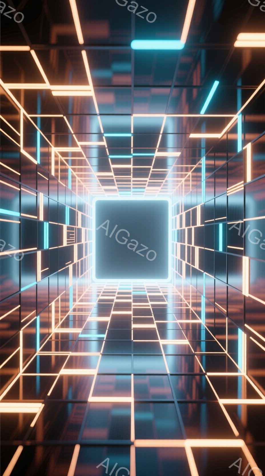 この画像は、ネオンライトで照らされた無限に続くトンネルのような空間を描いています。床と壁は鏡面仕上げで、光が反射し、未来的な雰囲気を醸し出しています。青とオレンジの光が交差し、サイバーパンクや仮想現実を連想させる、没入感のある視覚体験を提供します。