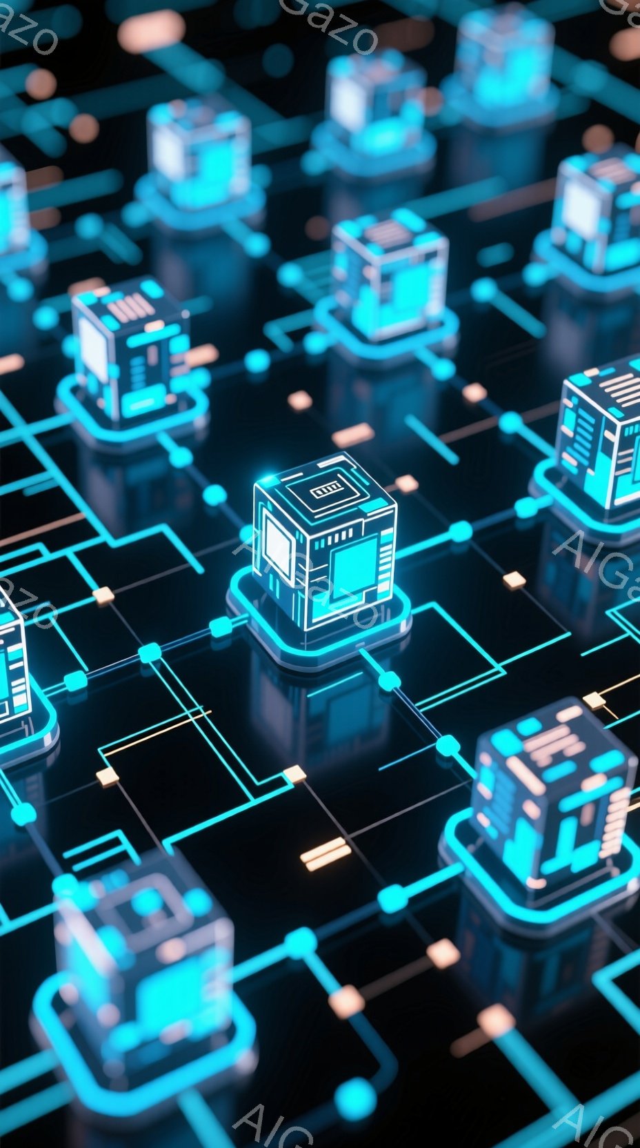 この画像は、暗い背景に浮かぶ、未来的な青色の立方体ネットワークを示しています。各立方体は複雑な回路で接続され、高解像度で鮮やかな光を放っています。全体的な雰囲気は技術的で、接続性とデジタル化を強調して - AI生成フリー素材