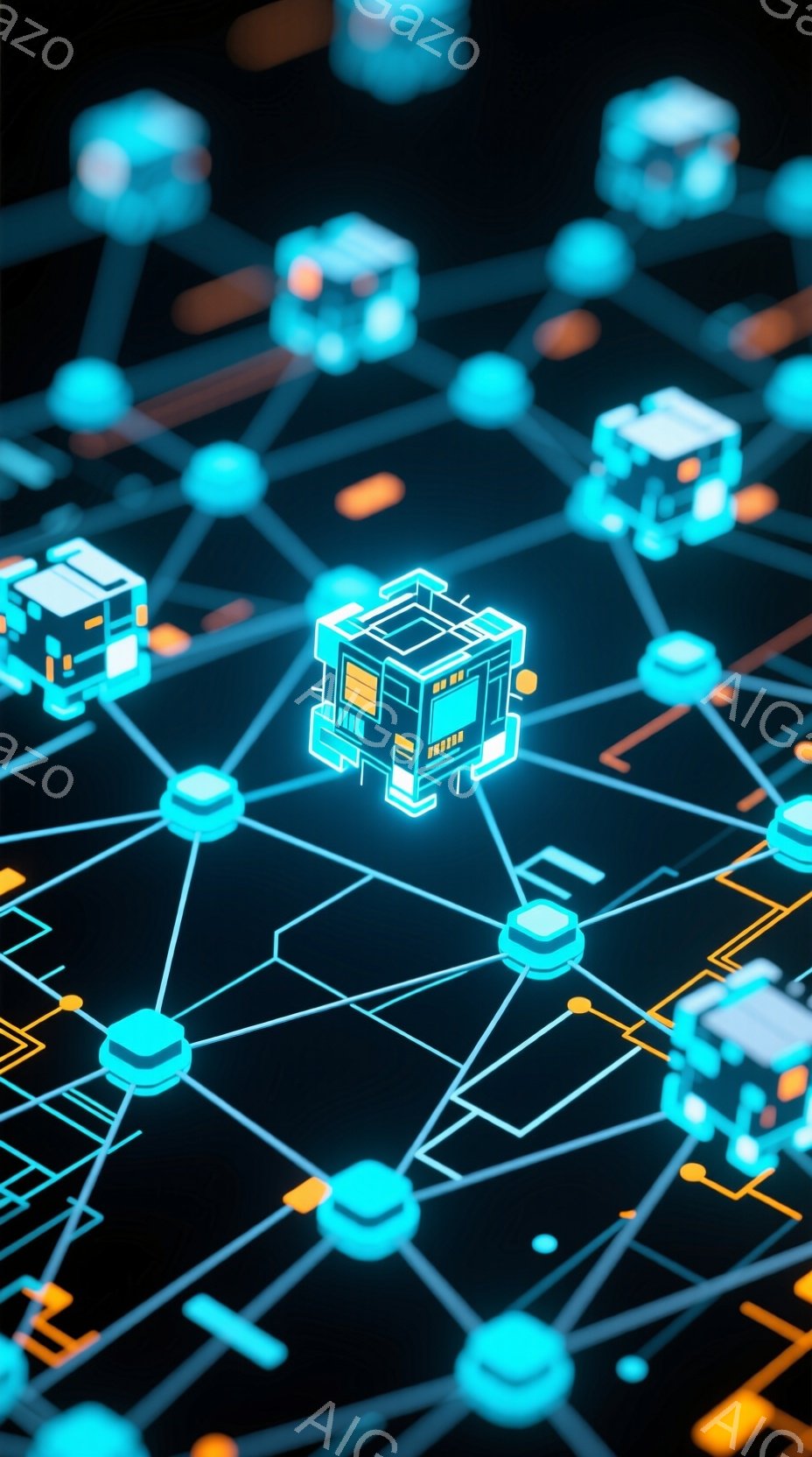 この画像は、暗い背景に浮かぶ、発光するキューブ状のオブジェクトがネットワーク状に繋がった様子を捉えています。各キューブは複雑な内部構造を持ち、オレンジと青色の光を放ち、未来的な雰囲気を醸し出しています。全体として、テクノロジー、接続性、そしてデータの流れを抽象的に表現したイメージです。