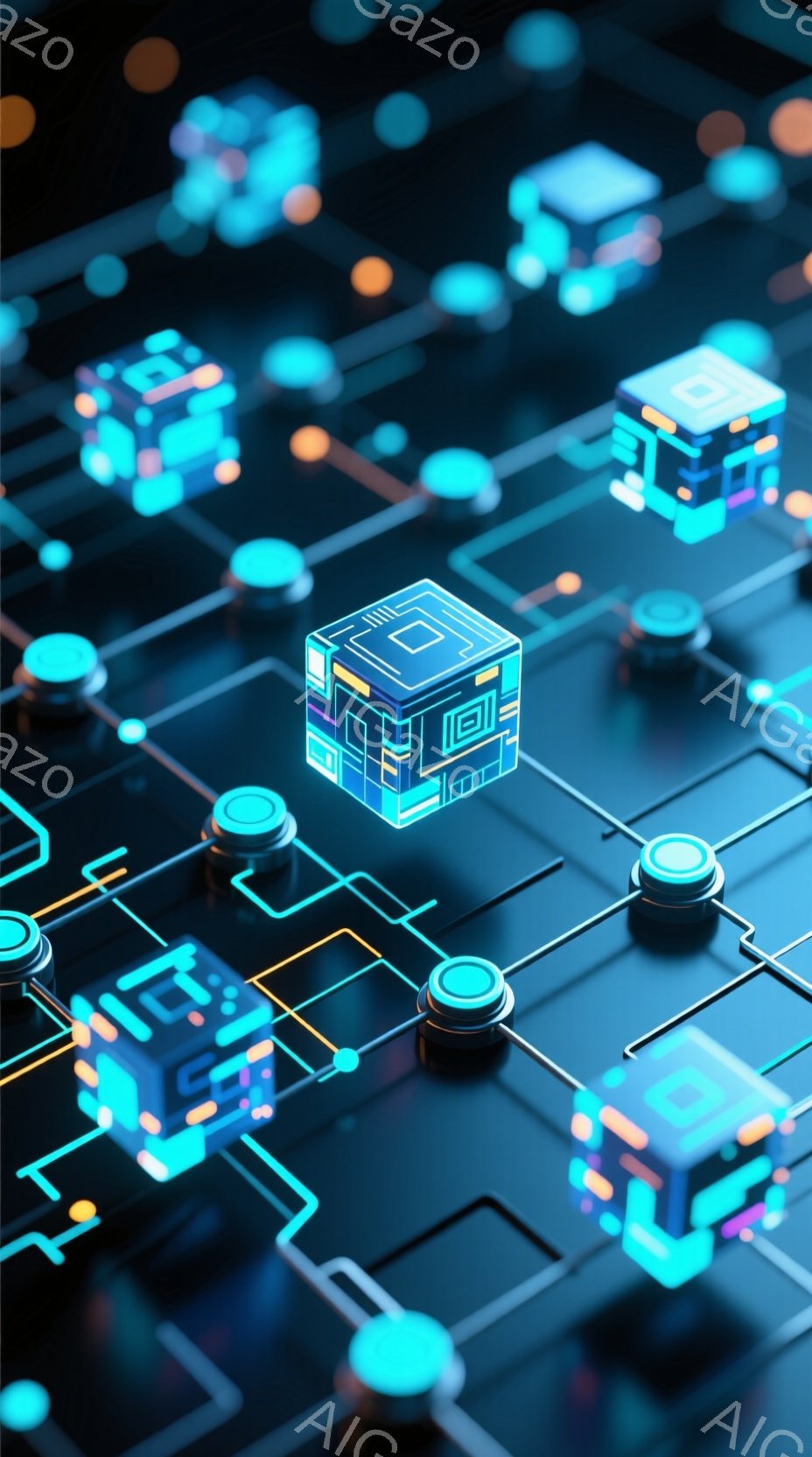 鮮やかなネオンブルーとオレンジ色の回路が複雑に絡み合った、未来的な抽象的な背景です。立方体状のオブジェクトがいくつか浮かんでおり、それぞれが独特の配線パターンで光を放っています。全体的に、技術革新とデ - AI生成フリー素材