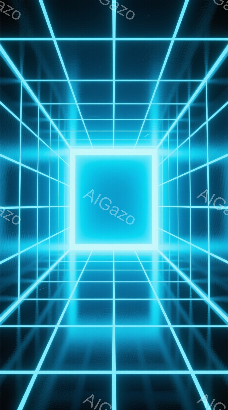この画像は、蛍光ブルーのグリッドで構成された無限に続くトンネルを描いています。光の線がグリッドを形成し、遠くの明るい正方形の光へと視線が吸い込まれるような奥行きを作り出しています。全体的に未来的な、サイバーパンク的な雰囲気を醸し出しています。