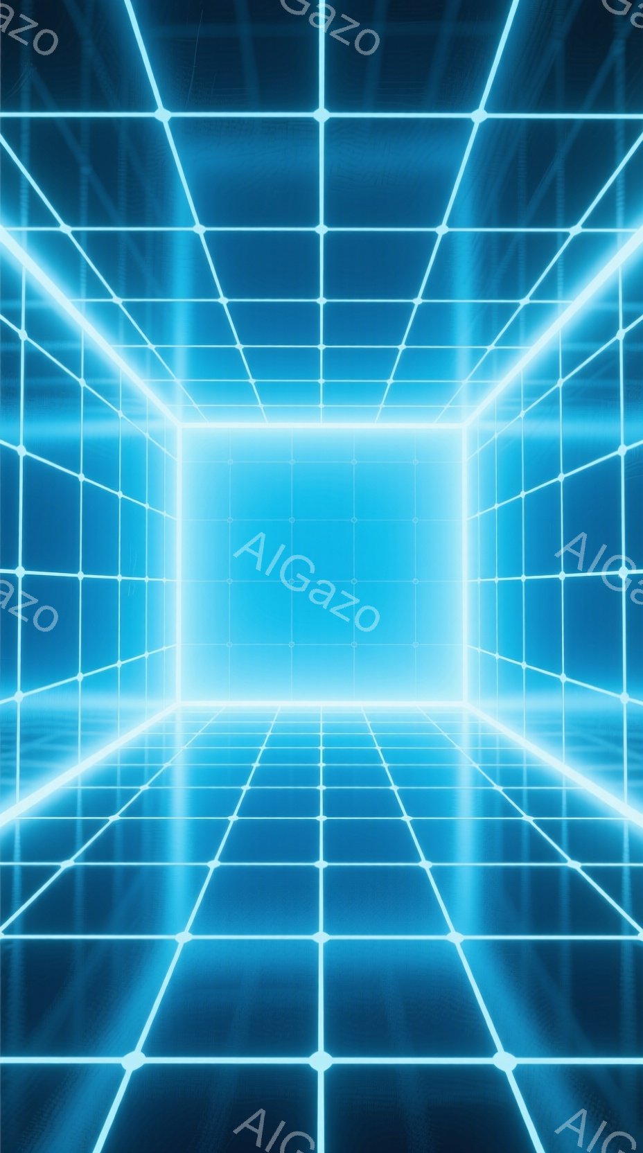 この画像は、明るいネオンブルーのグリッド状のトンネルまたは部屋の未来的な表現です。床、壁、天井はすべて、均等に配置された光る正方形で構成されており、無限の奥行きとデジタルな空間を作り出しています。全体的に、没入感があり、サイバーパンク的で、デジタル世界の感覚を呼び起こす雰囲気です。