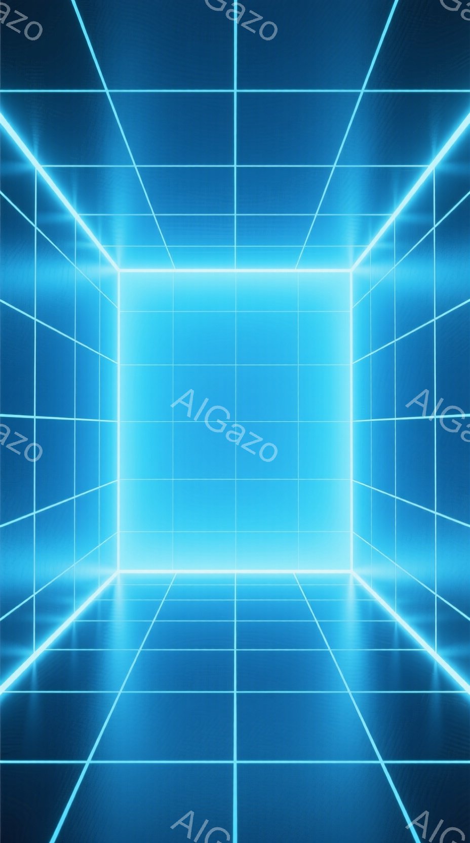 鮮やかな青色のグリッド状の空間が広がり、未来的なトンネルのような印象を与えます。蛍光色の線が網の目のように走り、遠くには明るい光の正方形が配置され、奥行きと無限の広がりを感じさせます。全体的にクールで - AI生成フリー素材