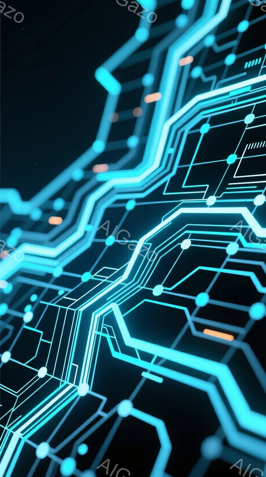 この画像は、鮮やかな青色の発光する回路パターンが黒い背景に広がる抽象的な表現です。線と円が複雑に絡み合い、未来的なテクノロジーやデータネットワークを連想させます。全体的に、クールで洗練された雰囲気があ - AI生成フリー素材