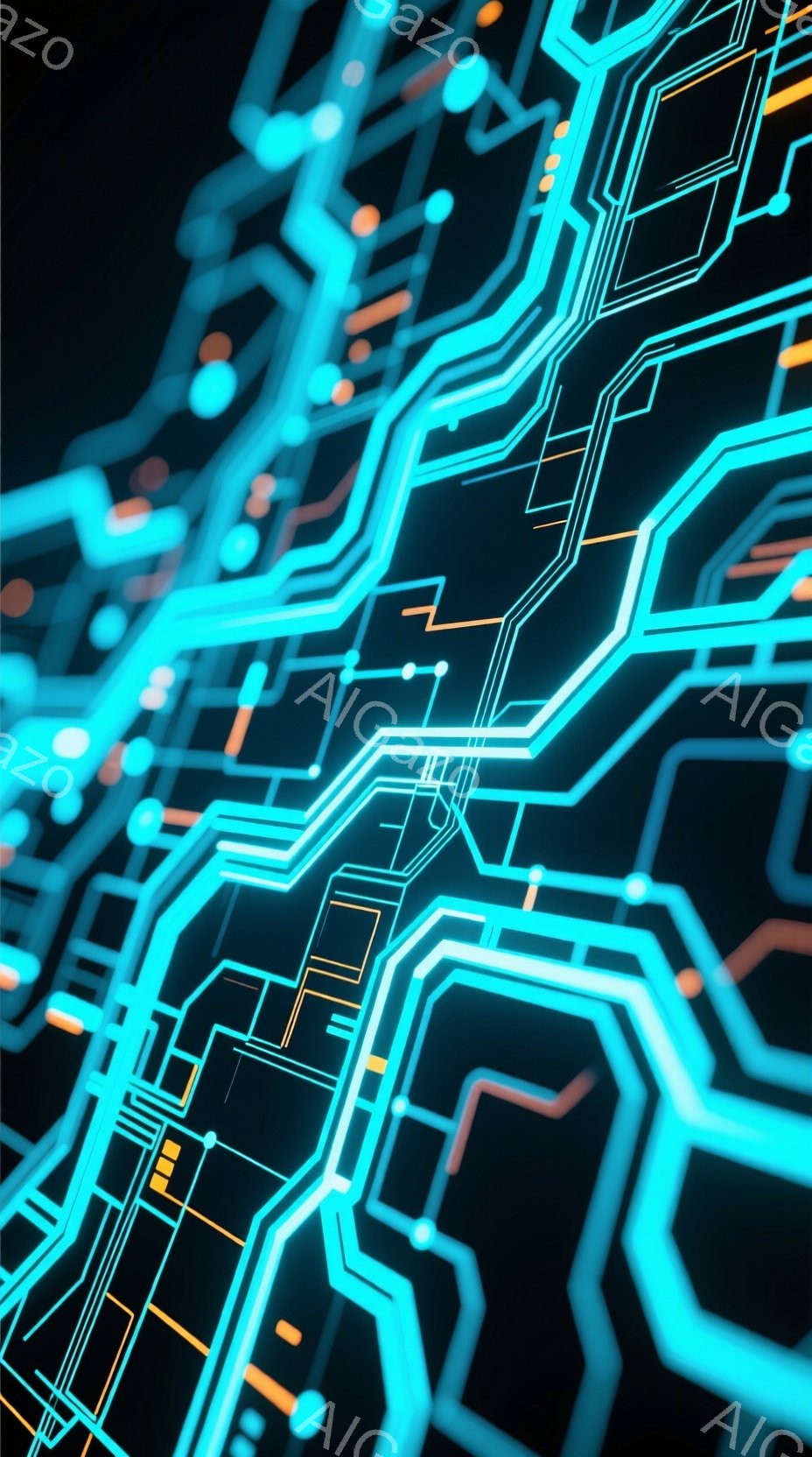 鮮やかなネオンブルーとオレンジ色の回路図が、黒い背景に複雑に広がり、未来的なテクノロジーのイメージを想起させます。線は角度を持って交差し、まるで電子信号が流れているかのような視覚効果を生み出しています。全体として、デジタル世界と回路の複雑さを表現した抽象的なアートワークです。