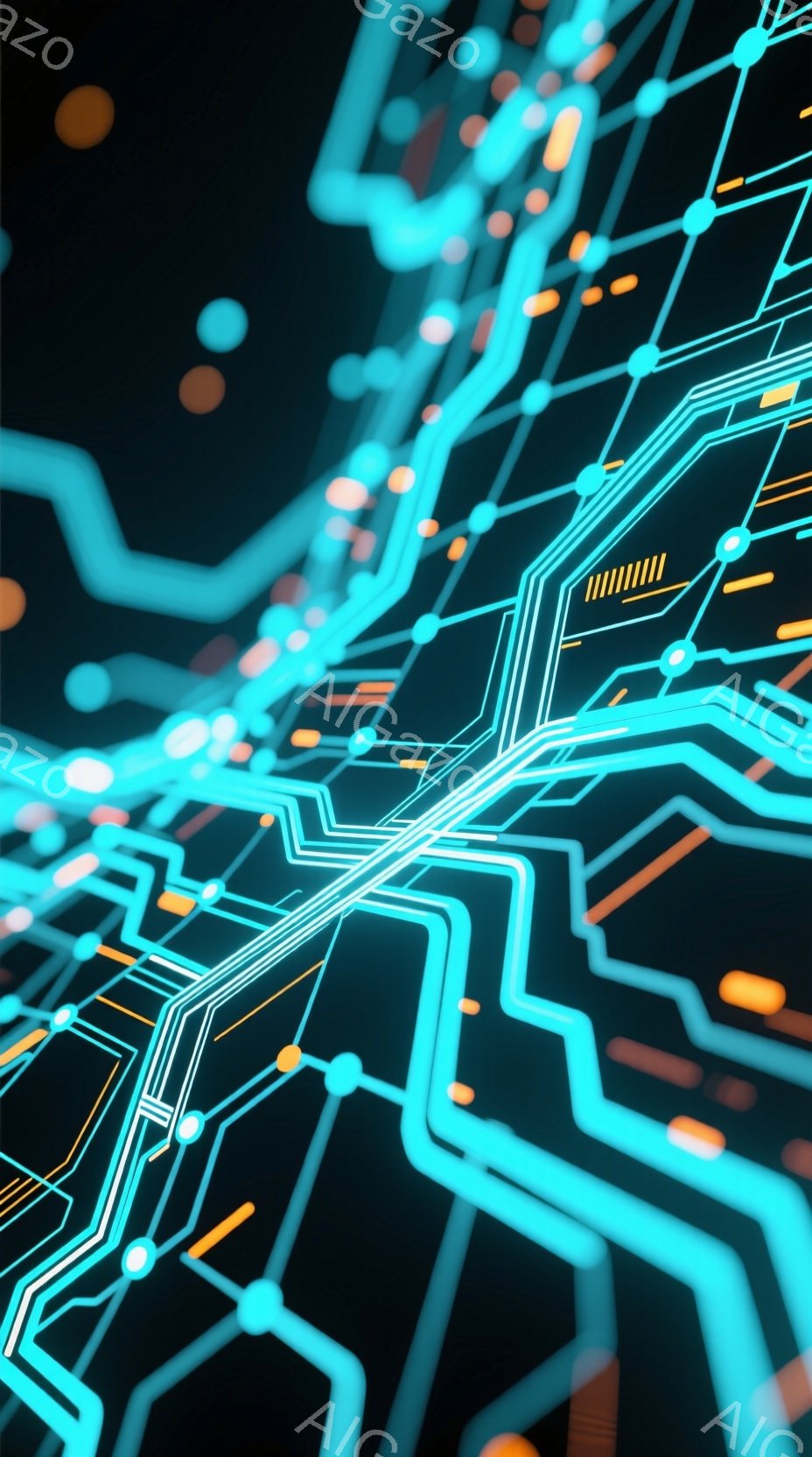 鮮やかなターコイズブルーとオレンジ色の光の線が複雑に絡み合い、未来的な回路図のようなデザインを構成しています。暗い背景に浮かび上がる光のラインは、テクノロジー、ネットワーク、デジタル世界を想起させ、躍動感とスピード感を表現しています。全体として、洗練された抽象的なビジュアルで、モダンでスタイリッシュな印象を与えます。