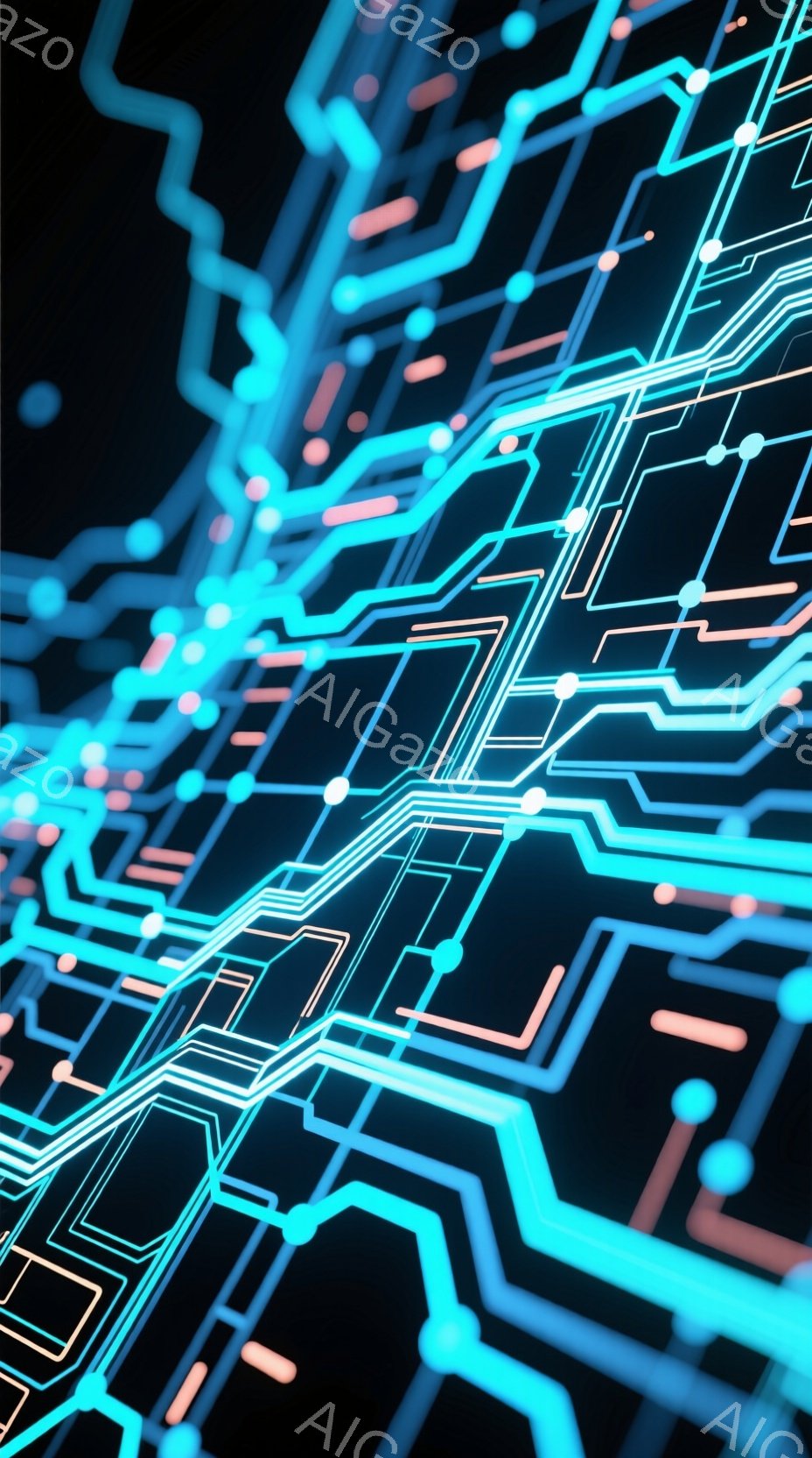 この画像は、暗い背景に鮮やかな青とオレンジの回路のような線が複雑に絡み合った抽象的なデザインです。線は光を発しており、未来的なテクノロジーやネットワークのイメージを喚起させます。全体として、クールでダ - AI生成フリー素材
