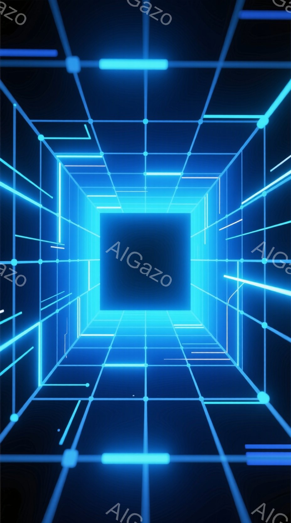 この画像は、ネオンブルーの線で構成された無限に続くトンネルのような空間を描写しています。線は水平、垂直、そして斜めに走り、遠近法によって中心点に向かって収束しているように見えます。全体的に未来的なデジタル空間を連想させる、サイバーパンク的な雰囲気です。