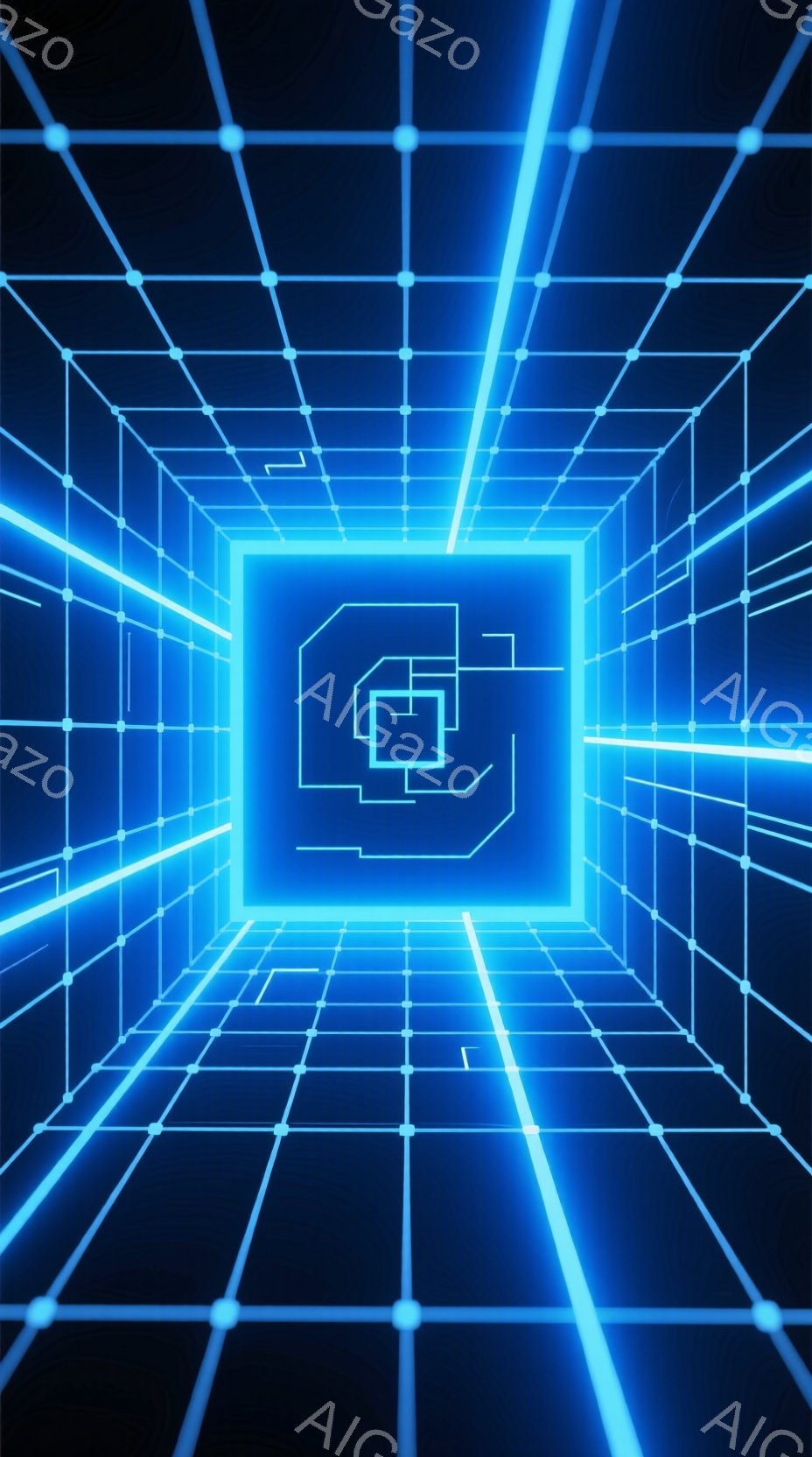 この画像は、ネオンブルーの線で構成された無限に続くトンネルのような空間を描写しています。線は水平、垂直、そして遠近法を利用して奥行きを作り出し、中央には複雑な正方形のパターンが浮かび上がっています。全 - AI生成フリー素材