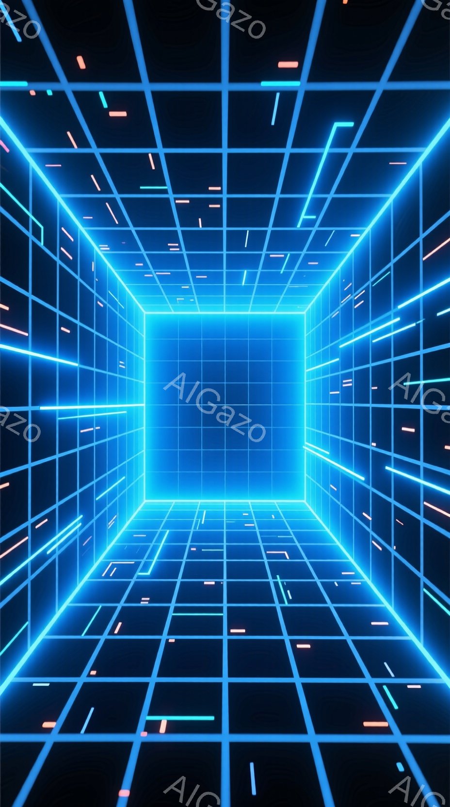 この画像は、ネオンブルーと紫色のグリッド状のトンネルまたは空間を描写しています。無数の光の線が水平方向と垂直方向に伸びており、遠近法により、明るい正方形のフレームへと収束する印象を与えます。全体的に、サイバーパンクや80年代のレトロな未来を想起させる、幻想的で没入感のある雰囲気です。