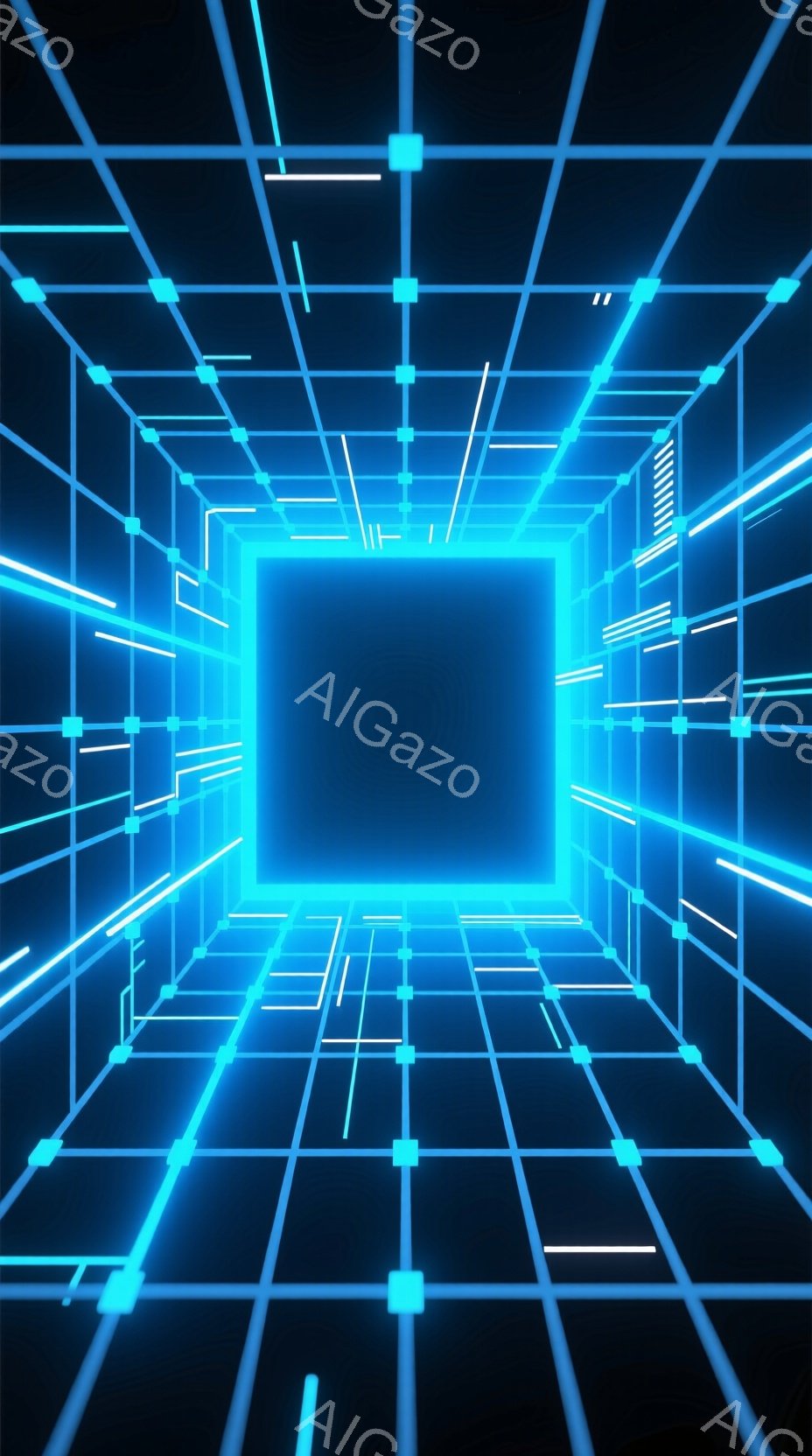 鮮やかな青色の光線が格子状に組み合わさり、無限に続くトンネルのような空間を形作っています。光線は水平方向と垂直方向に伸び、遠近法によって奥行きが強調され、未来的なサイバー空間を思わせます。中央には暗く - AI生成フリー素材