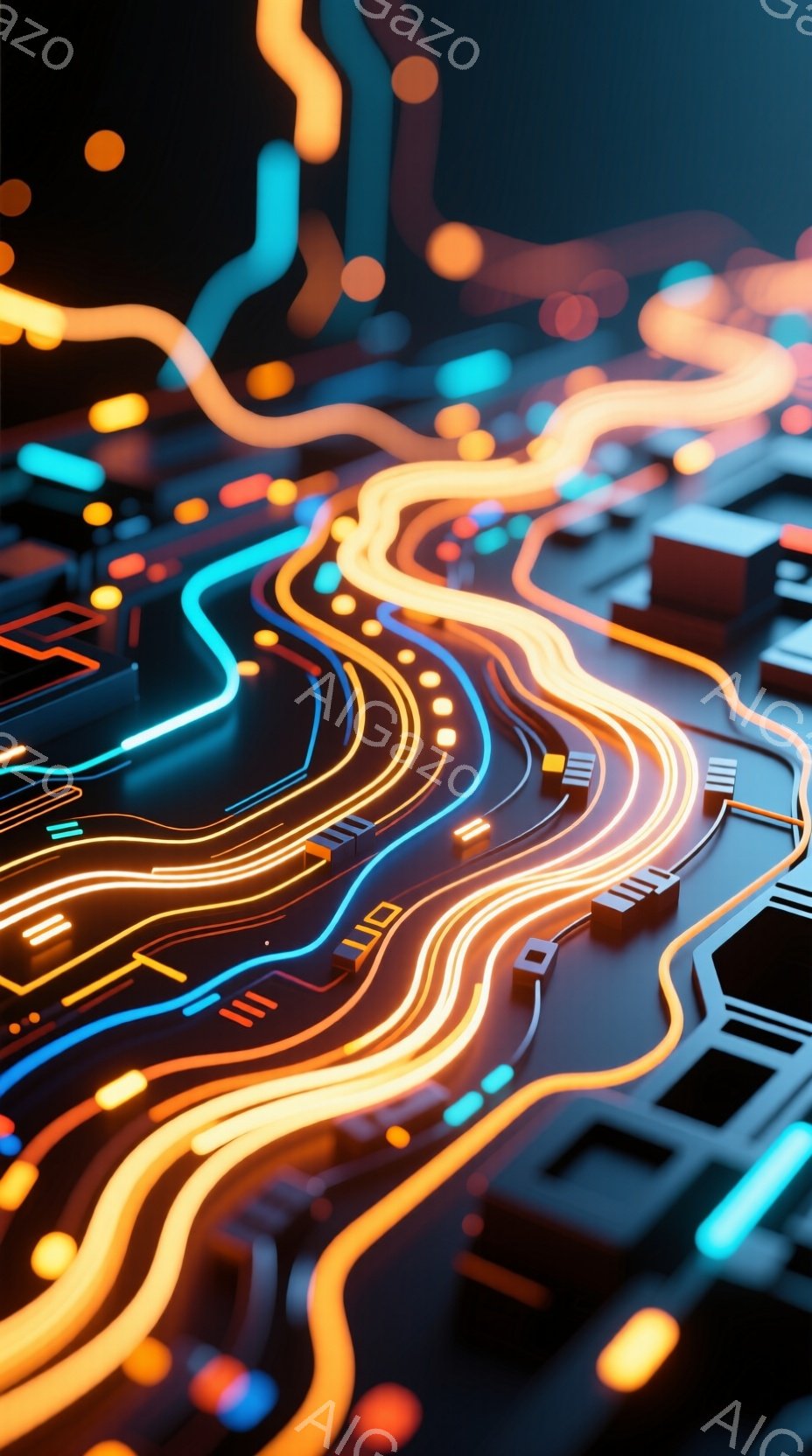 この画像は、鮮やかなオレンジと青色の光の線が複雑に絡み合い、未来的な回路や都市の風景を思わせる抽象的な表現です。光の線は立体的なブロック状の構造の上に配置され、奥行きと立体感を強調しています。全体的に - AI生成フリー素材