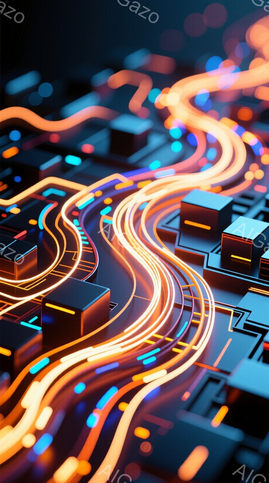 鮮やかな光の線が、未来的な構造物を縫うように走っている抽象的な画像です。これらの構造物は、立方体やその他の幾何学的な形状をしており、都市の回路やデジタルネットワークを連想させます。全体的に、高科技でダイナミックな雰囲気があり、エネルギーと接続性を表現しているように見えます。