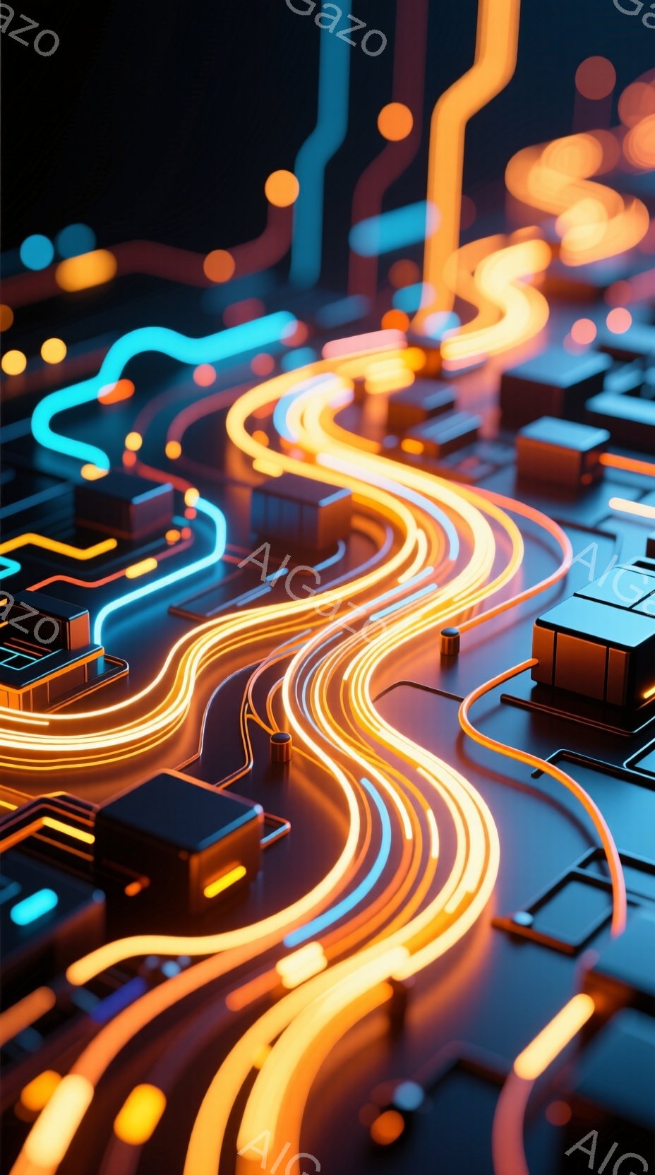 鮮やかなネオンカラーの回路が複雑に絡み合い、未来的な都市の風景を思わせる画像です。暗い背景に浮かび上がる光のラインは、まるで高速道路のように流れており、テクノロジーとスピード感を強調しています。幾何学的なブロックが点在し、回路と組み合わさることで、独特のサイバーパンク的な雰囲気を醸し出しています。