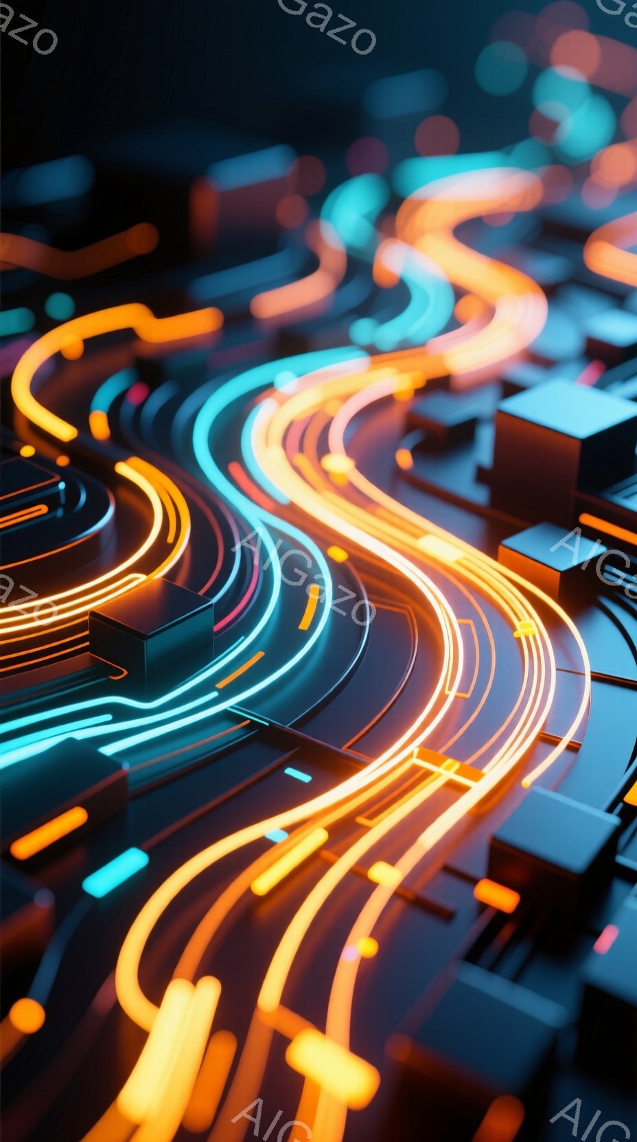 この画像は、未来的な回路のような光の線が複雑に絡み合った抽象的な表現です。鮮やかなオレンジ、青、紫色の光が、幾何学的なブロック状の構造の上を流れており、まるでデジタル世界の内部を垣間見ているかのようです。全体的に、テクノロジー、スピード、そしてエネルギーに満ちた活気に満ちた雰囲気です。