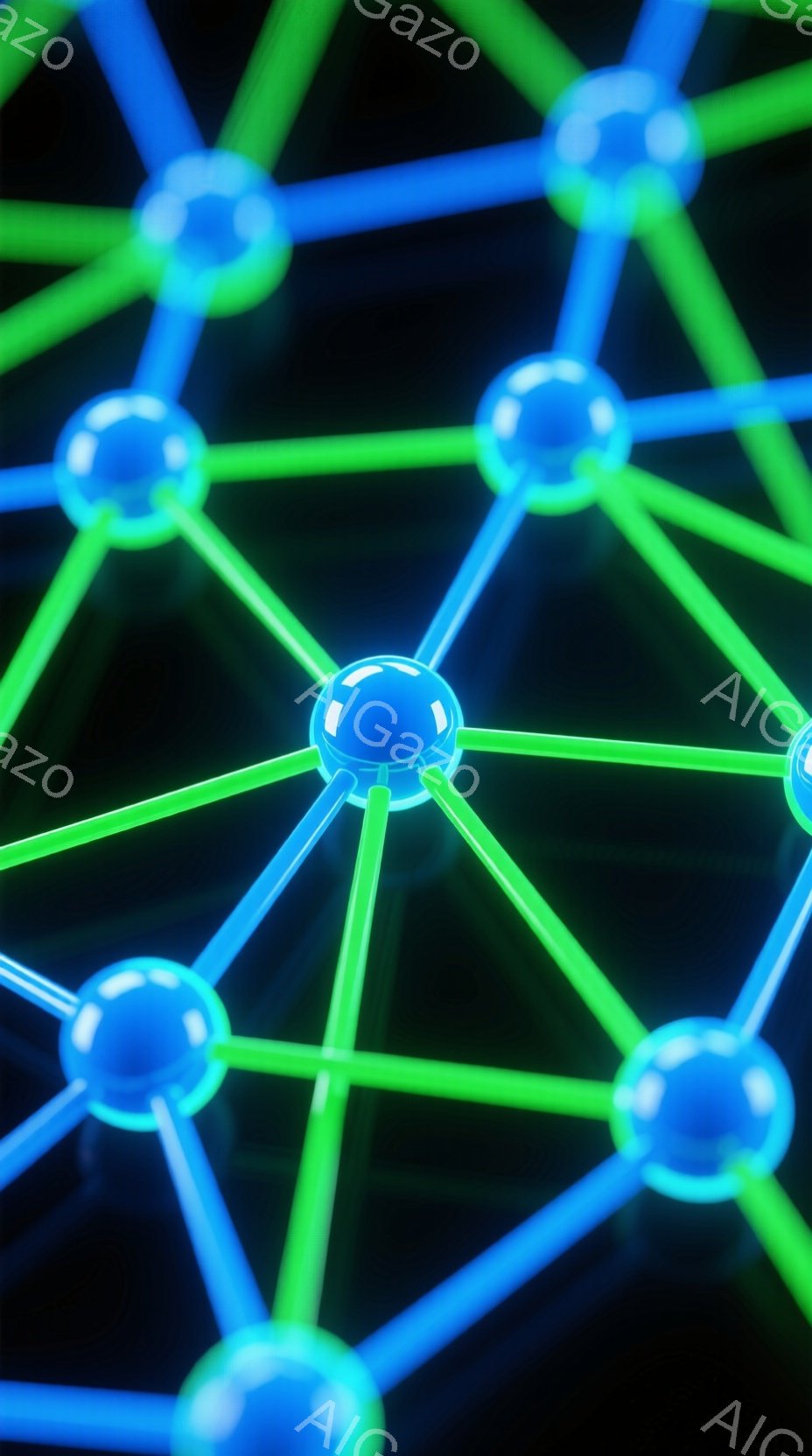 この画像は、暗い背景に浮かぶ蛍光色のネットワーク構造を描いています。青い球体が蛍光緑色の線で結ばれ、複雑な三次元の網の目を形成しており、まるで原子構造や神経回路を彷彿とさせます。鮮やかな色彩と光の表現が、未来的で科学的な雰囲気を醸し出しています。