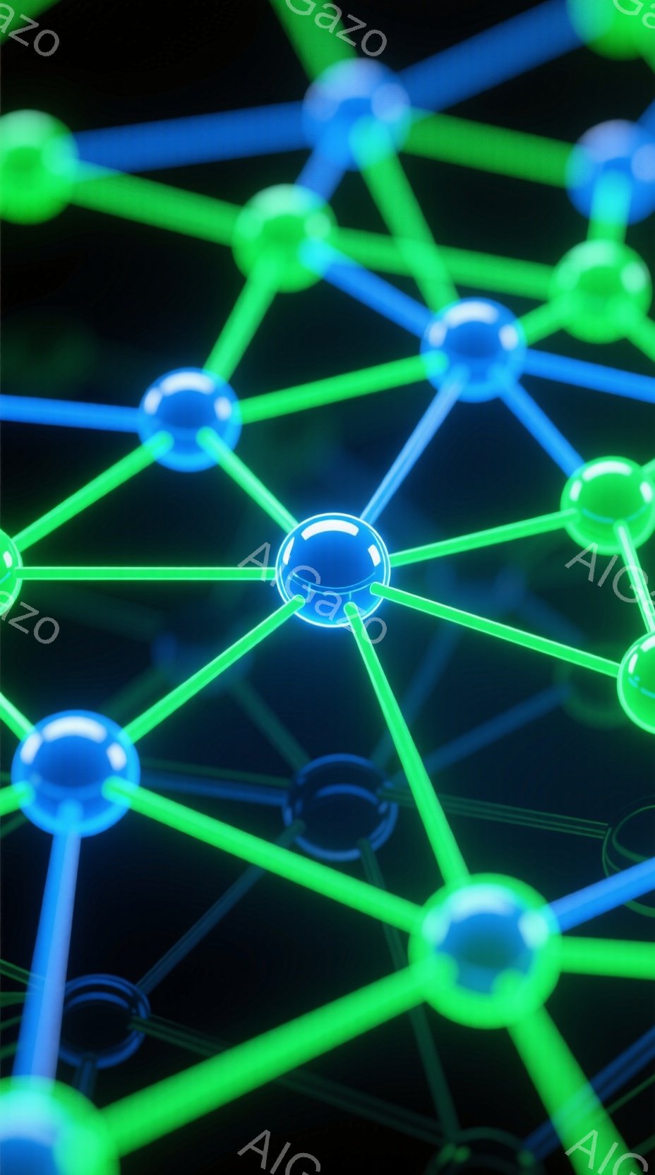 鮮やかな緑色の線が複雑に絡み合い、ネットワークのような構造を形成しています。各接続点には光沢のある青い球体が配置されており、まるで分子構造やデジタル世界の繋がりを表現しているかのようです。暗い背景がこ - AI生成フリー素材