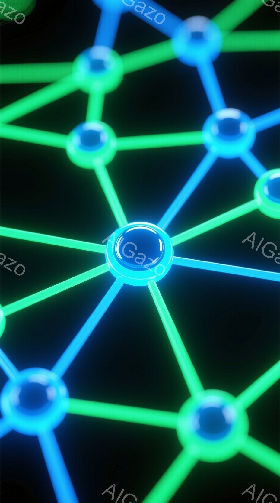 鮮やかなネオンブルーとグリーンの線が交差する抽象的な光のネットワークが印象的です。線は球状の明るい光のノードで接続されており、暗い背景に浮かび上がっています。全体として未来的な、テクノロジー感のある雰囲気で、エネルギーの流れや接続性を表現しているように見えます。