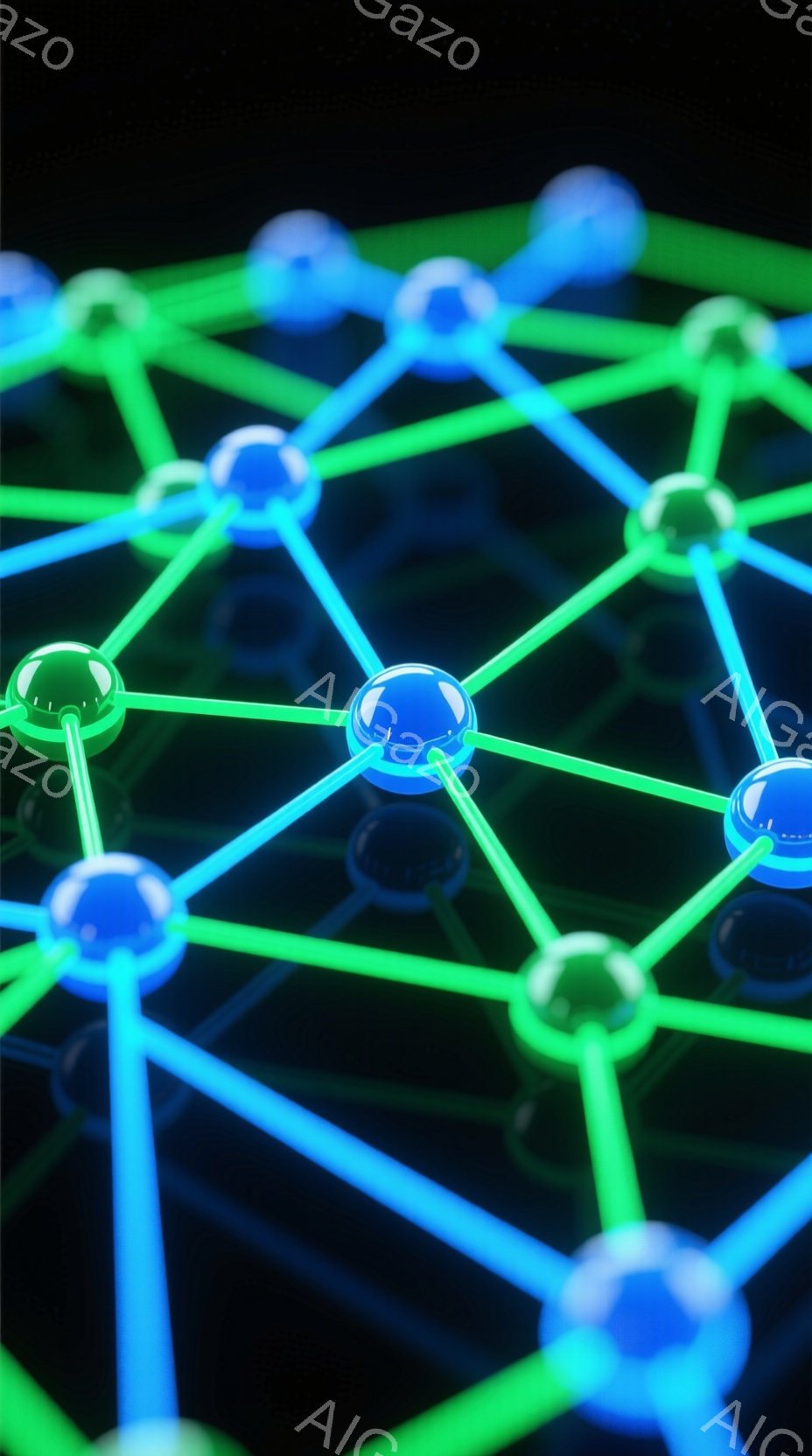 鮮やかな青と緑の線が網目状に交差する抽象的なイメージです。球状のノードが線と接続され、まるで分子構造やネットワークを表現しているかのようです。背景は暗く、これらの光る線が際立って見えます。