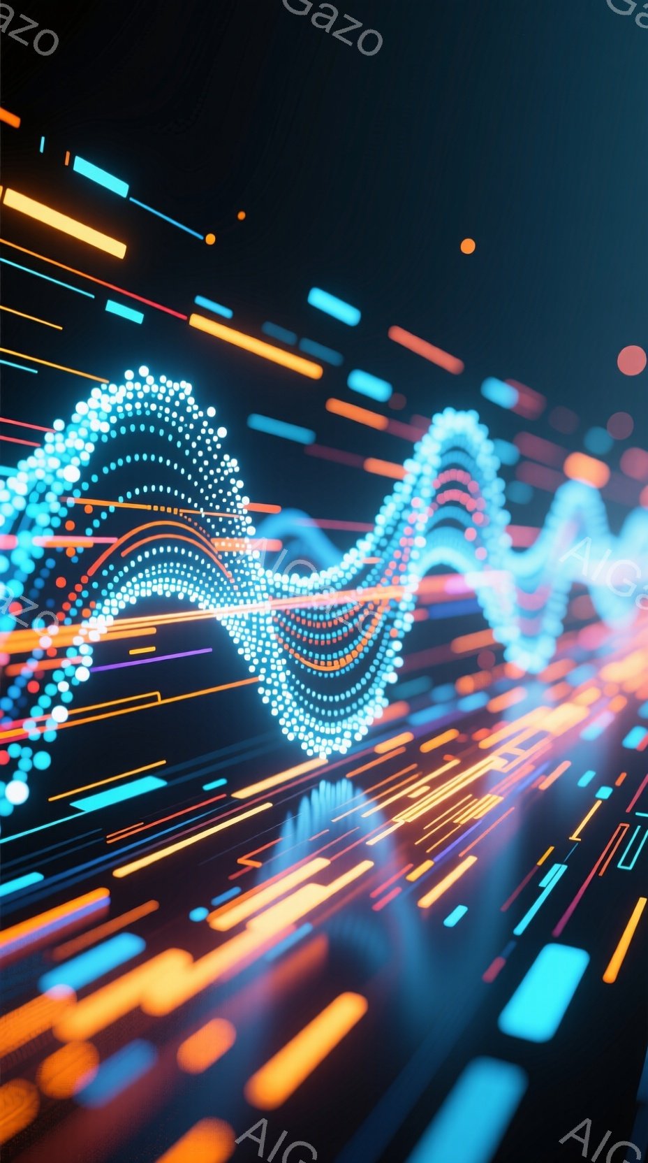 この画像は、暗い背景に浮かび上がる、ネオンカラーの光の線が幾重にも重なり合った抽象的な表現です。光の線は、波形のような曲線を描き、速度感と未来的な雰囲気を醸し出しています。全体的に、デジタルなエネルギーや情報流を視覚化したような、躍動感あふれるイメージです。