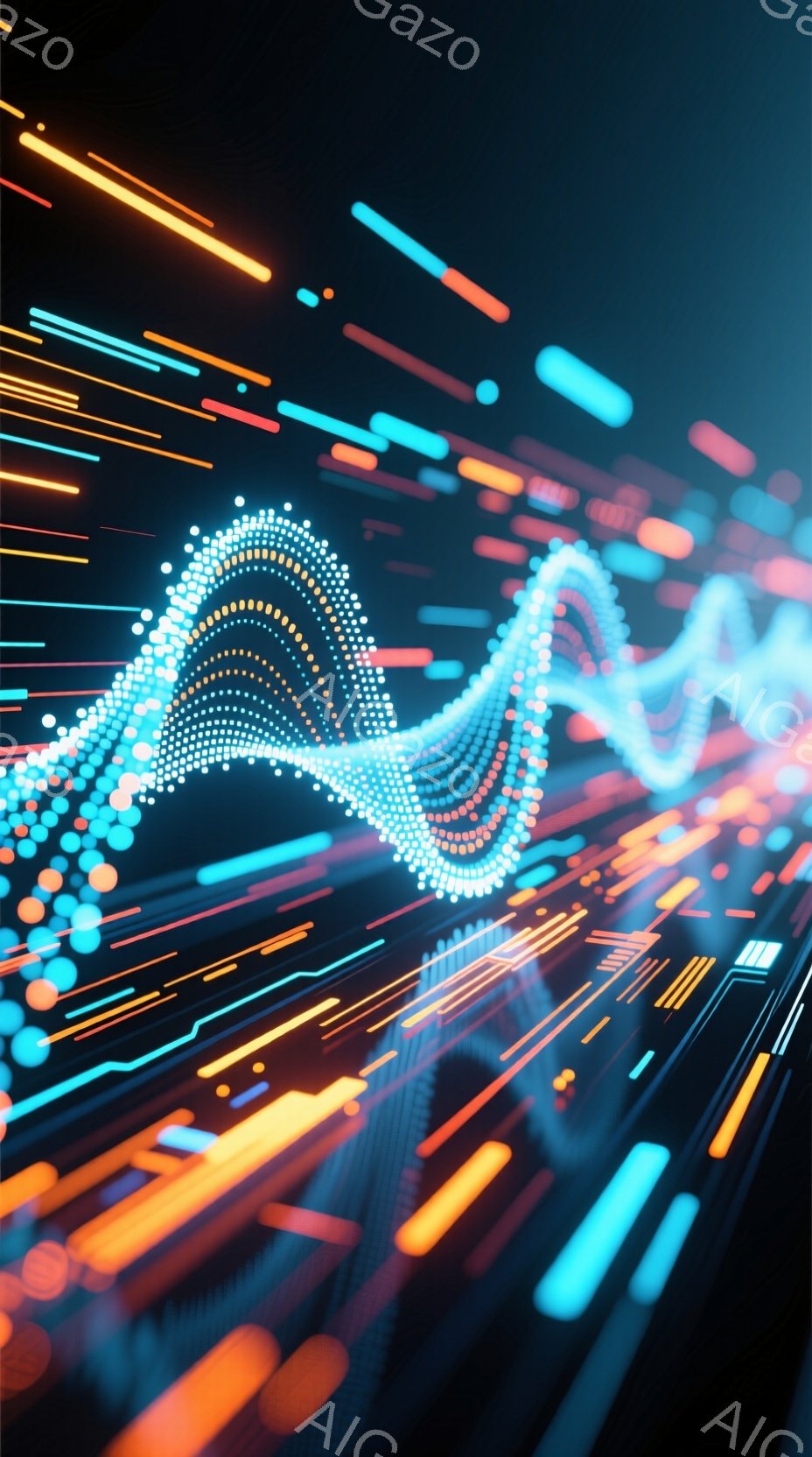 鮮やかな光の線が、未来的な都市の風景を駆け抜けています。青色の波線は、まるでエネルギーの流れのように中央を横切り、オレンジや赤色の光の帯が背景に奥行きを与えています。全体的に、高速でテクノロジーが発展する活気に満ちた都市の夜景を想起させる雰囲気です。