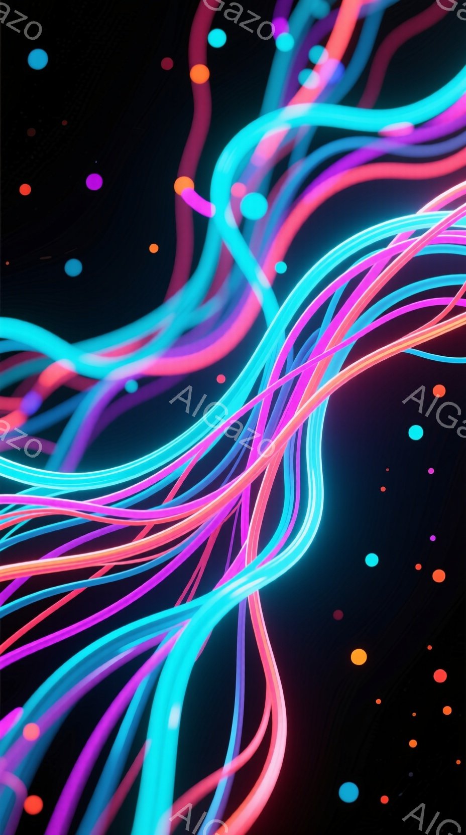 鮮やかなネオンカラーの線が、黒色の背景を覆い尽くす抽象的なイメージです。ピンク、ターコイズ、オレンジ、紫色の線が、流れるように絡み合い、未来的な光の軌跡を描き出しています。小さな光の粒子が点在し、神秘的な雰囲気を醸し出しています。