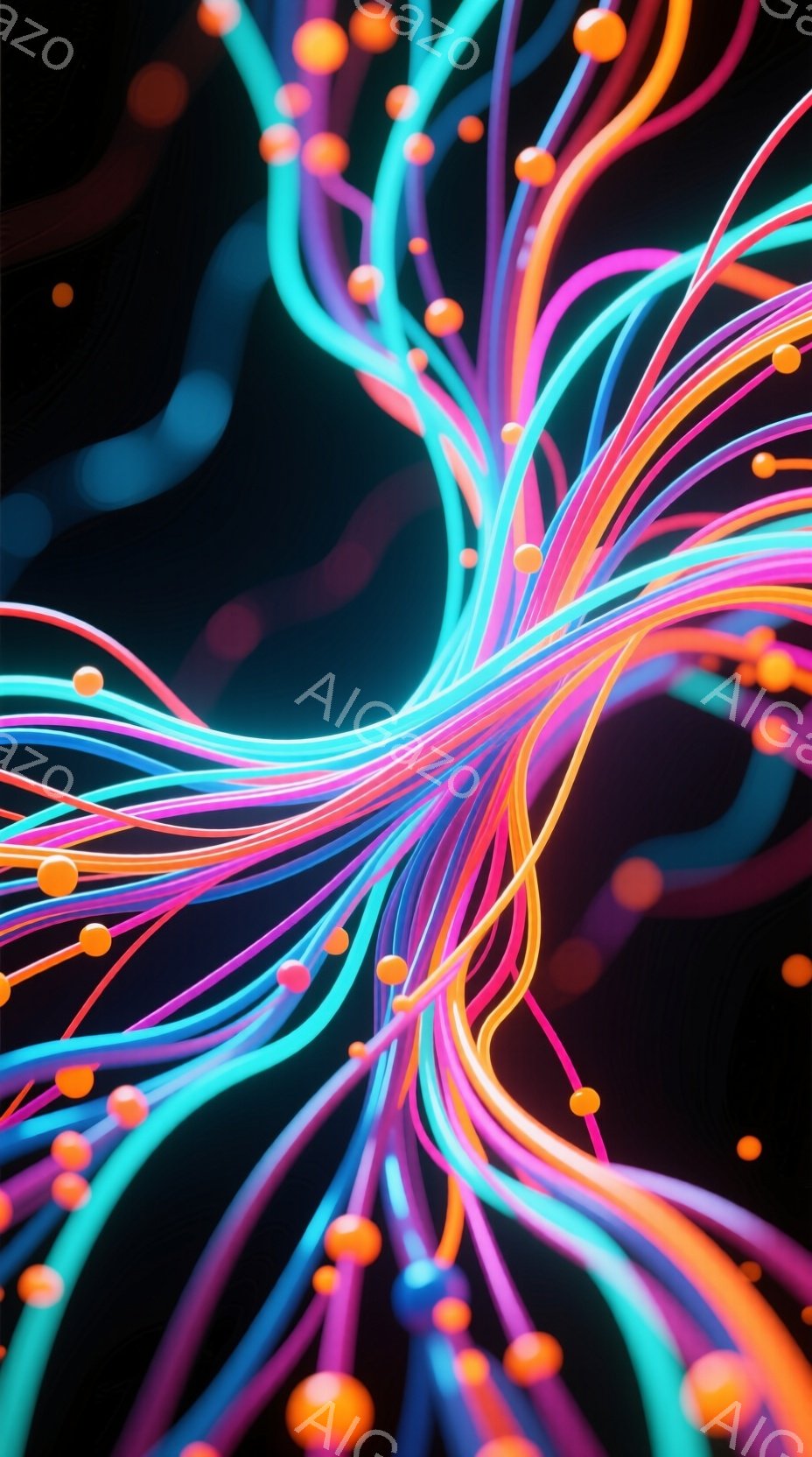 鮮やかなネオンカラーの光の線が、黒い背景の中で放射状に広がっている様子が描かれている。光の線はターコイズブルー、ピンク、オレンジ、紫など多様な色合いを持ち、まるでエネルギーの流れや光の粒子が散りばめら - AI生成フリー素材