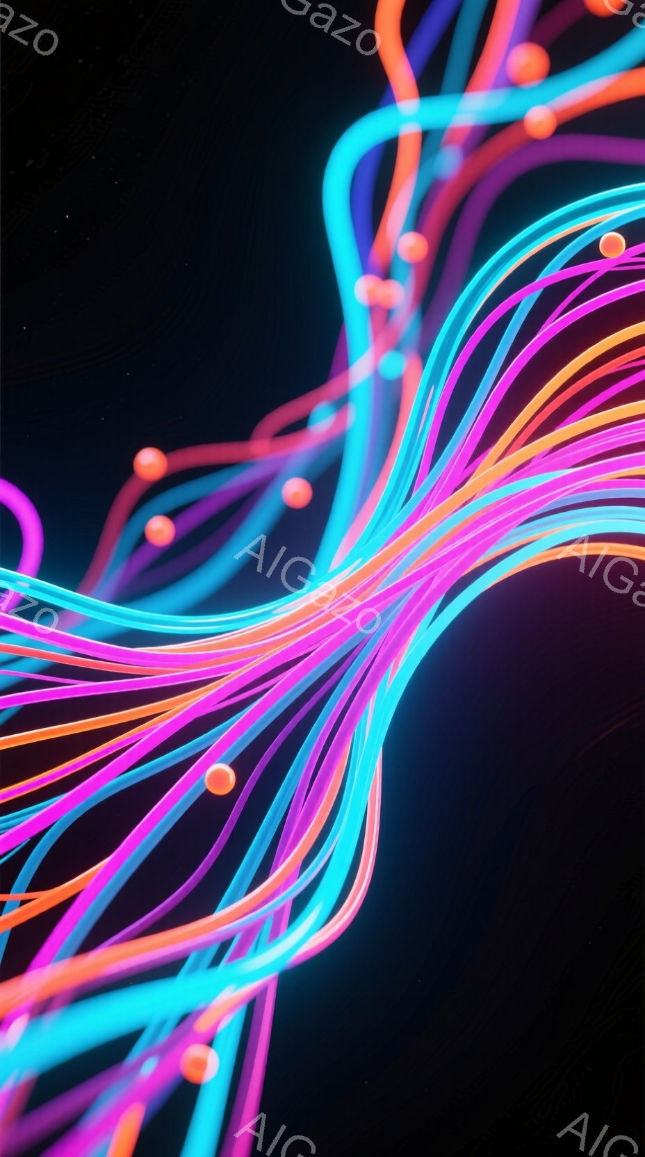 鮮やかなネオンカラーの線が、暗黒の背景を覆い尽くしています。ピンク、青、オレンジ色の線は曲がりくねり、まるで光の軌跡のようです。散りばめられた光の球体が、幻想的な雰囲気を醸し出しています。