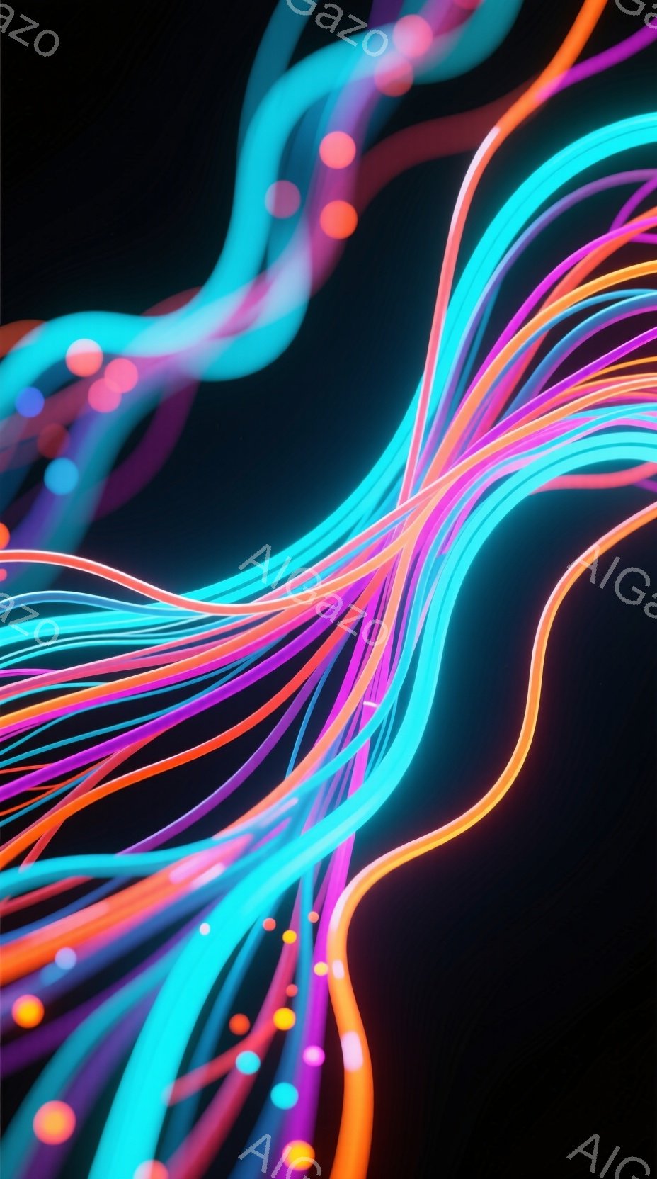 鮮やかなネオンカラーの光線が、黒い背景を背景に放射状に広がっている抽象的な画像です。光線は曲線を描き、まるでエネルギーの流れや光の軌跡を表現しているかのようです。全体的に未来的な雰囲気で、躍動感と神秘 - AI生成フリー素材