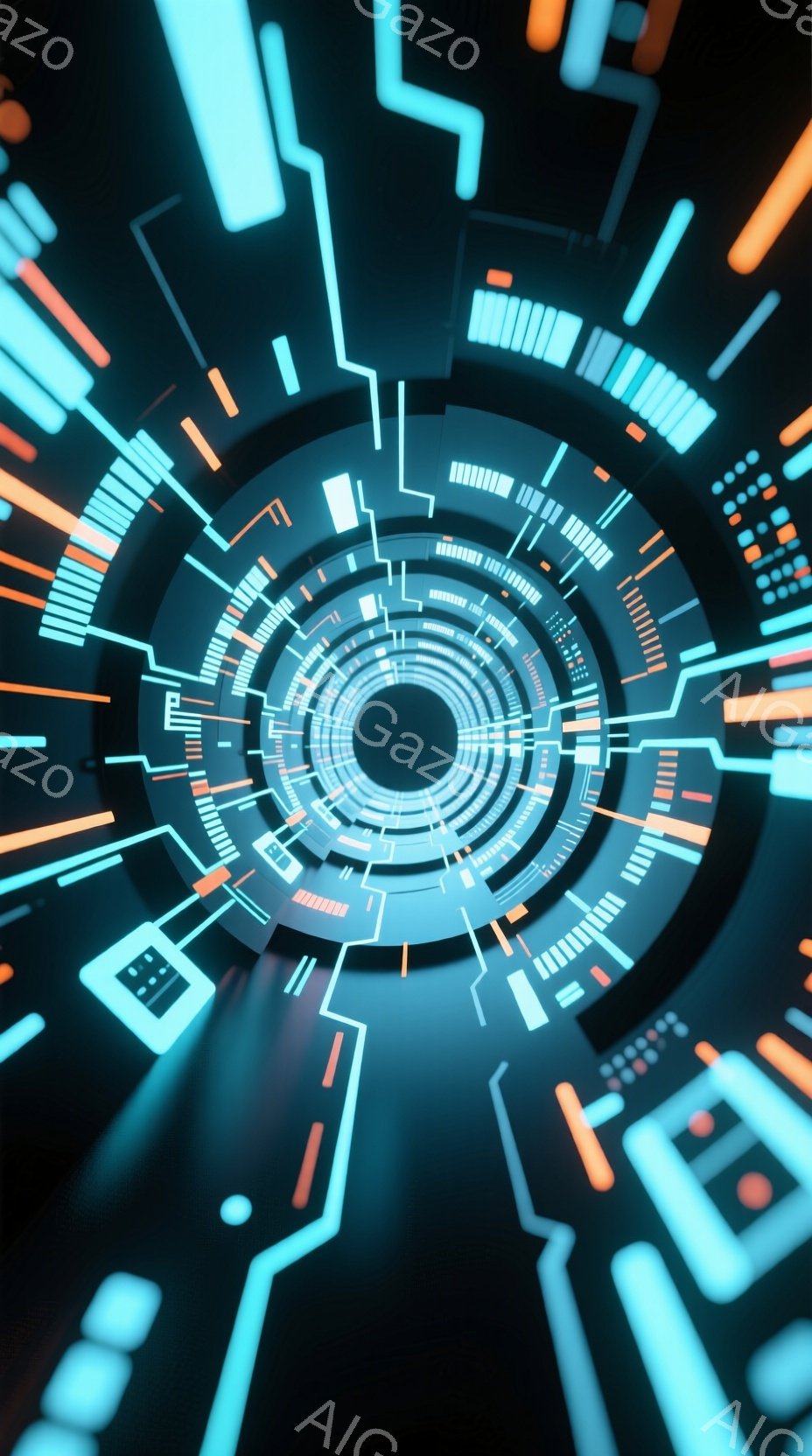 この画像は、中心に向かって収束するサイバーパンク風のトンネルを描いています。青とオレンジのネオンライトが複雑な回路模様を描き、未来的な空間を作り出しています。円形のデザインと光の軌跡が、無限に続くよう - AI生成フリー素材