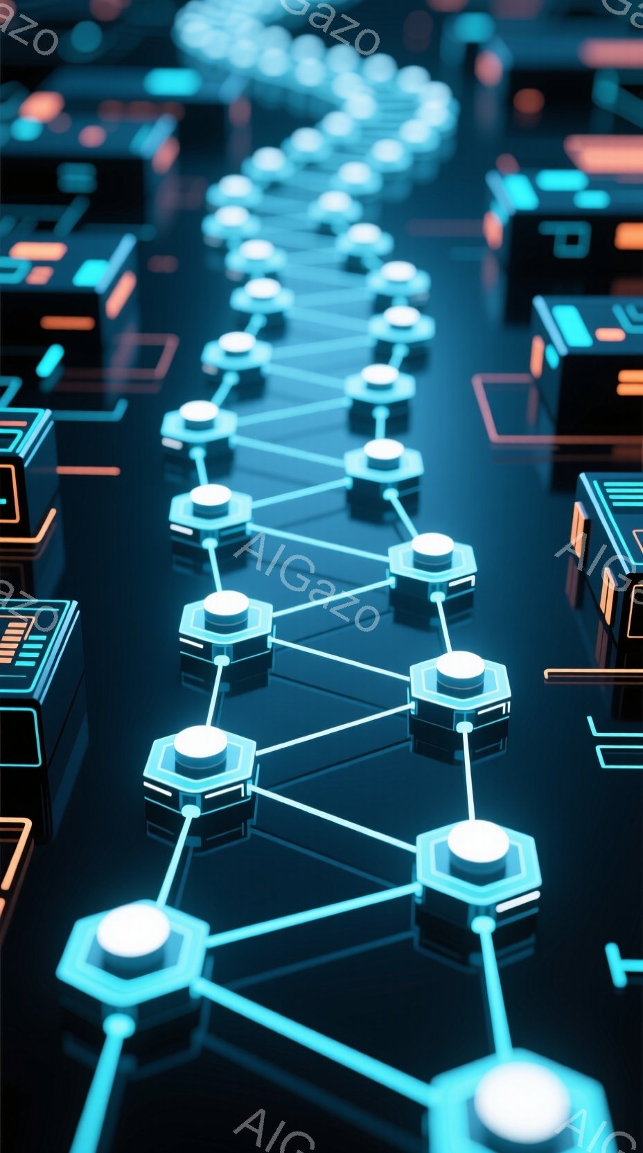 鮮やかな青色の光が走る、未来的なネットワークの構造が描かれています。六角形のノードが連なり、光の線で結ばれており、まるで情報が流れるデジタル回路のようです。背景には、不明瞭な電子機器の断片が散りばめられ、近未来的なデジタル空間を想起させます。