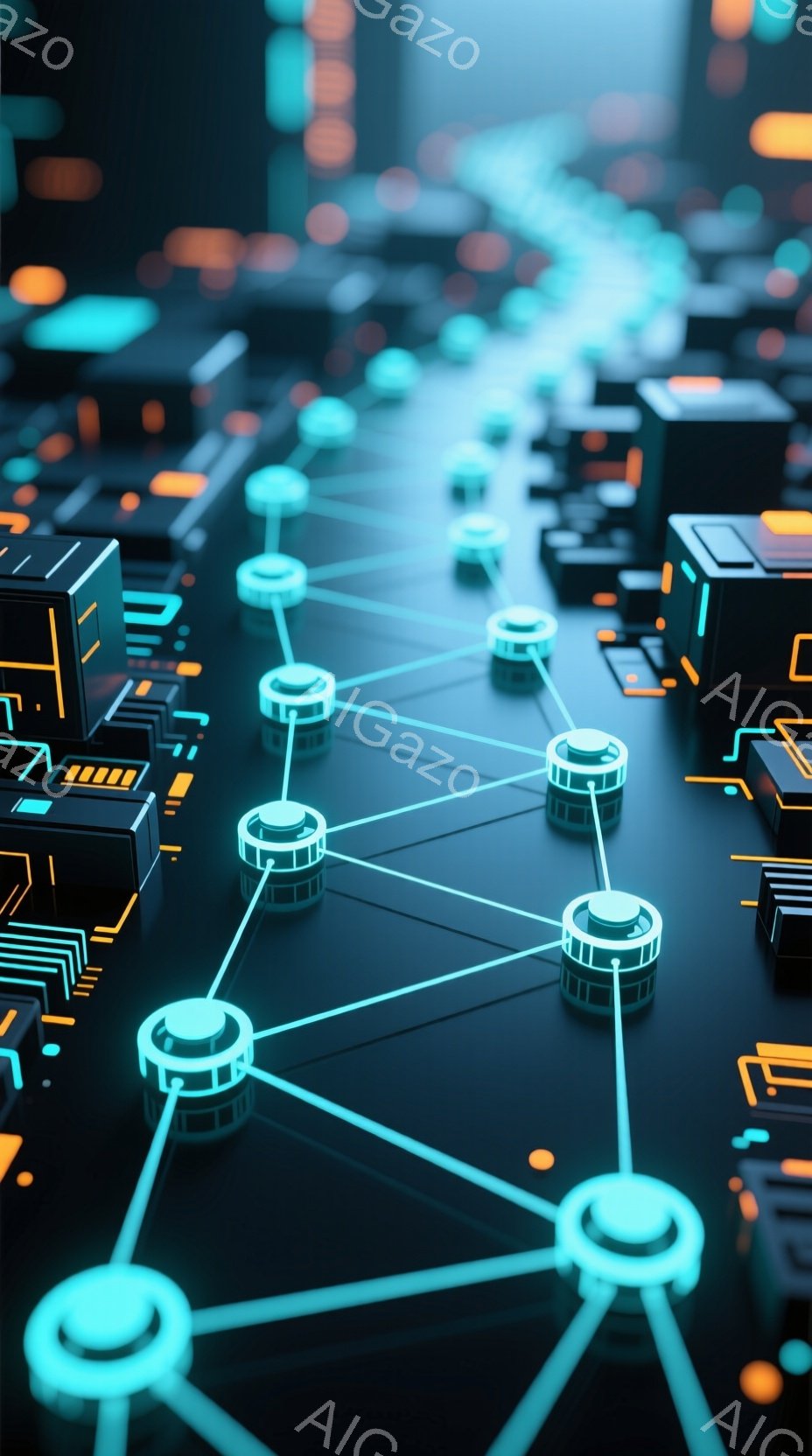この画像は、暗い背景にネオン色の光が走る未来的なネットワーク構造を示しています。幾何学的な建物や円柱状のノードが、細い光の線で繋がれており、まるで都市の神経系のような印象を与えます。全体的にクールでテクノロジー感溢れる雰囲気で、データ通信や情報ネットワークを連想させます。