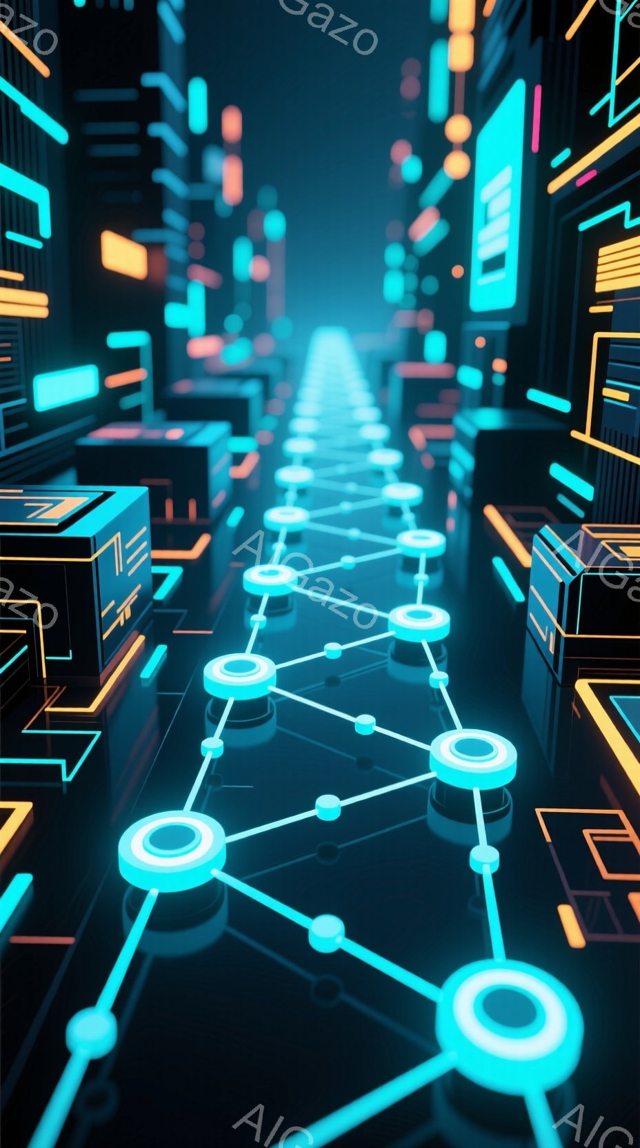 未来的な都市空間が描かれており、ネオンカラーの線が複雑に絡み合い、ネットワークのような構造を形成している。高層ビル群は幾何学的なデザインで構成され、光のラインと組み合わさることで、サイバーパンクな雰囲気を作り出している。全体的に暗く、光が際立つことで、奥行きとスピード感が強調されている。