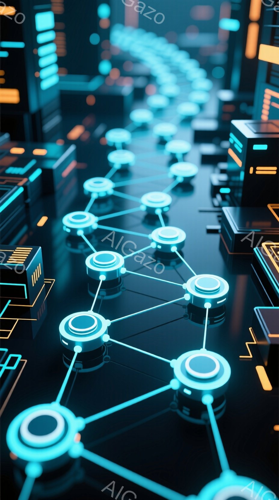 この画像は、暗い背景に輝く青い線で結ばれた円形のノードが網の目のように広がった未来的な都市の俯瞰図です。背景には、幾何学的なデザインが施された高層ビルが点在し、全体的にサイバーパンクまたはデジタルネットワークを想起させる雰囲気です。鮮やかなネオンカラーと光の反射が、技術的な先進性と未来的な都市景観を強調しています。