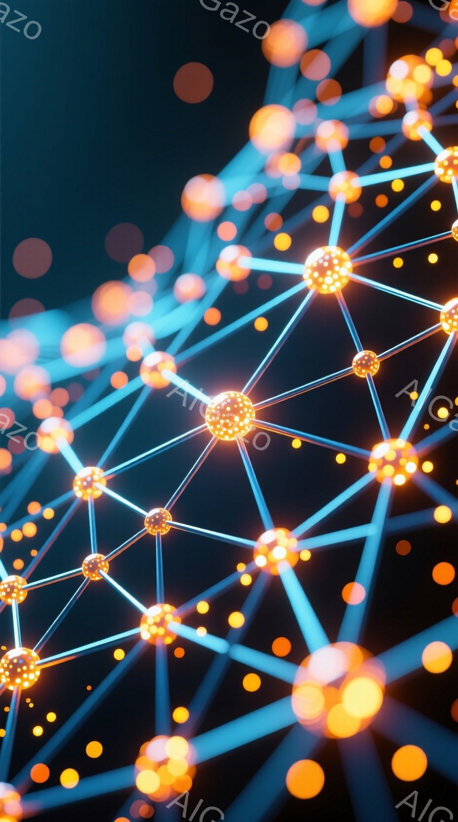 鮮やかな紺色の背景に、光り輝くオレンジ色の球体と青い線が網の目のように繋がった抽象的な画像です。球体は様々な大きさと明るさで光を放ち、未来的なネットワークや繋がりを表現しているようです。 全体的に、テ - AI生成フリー素材