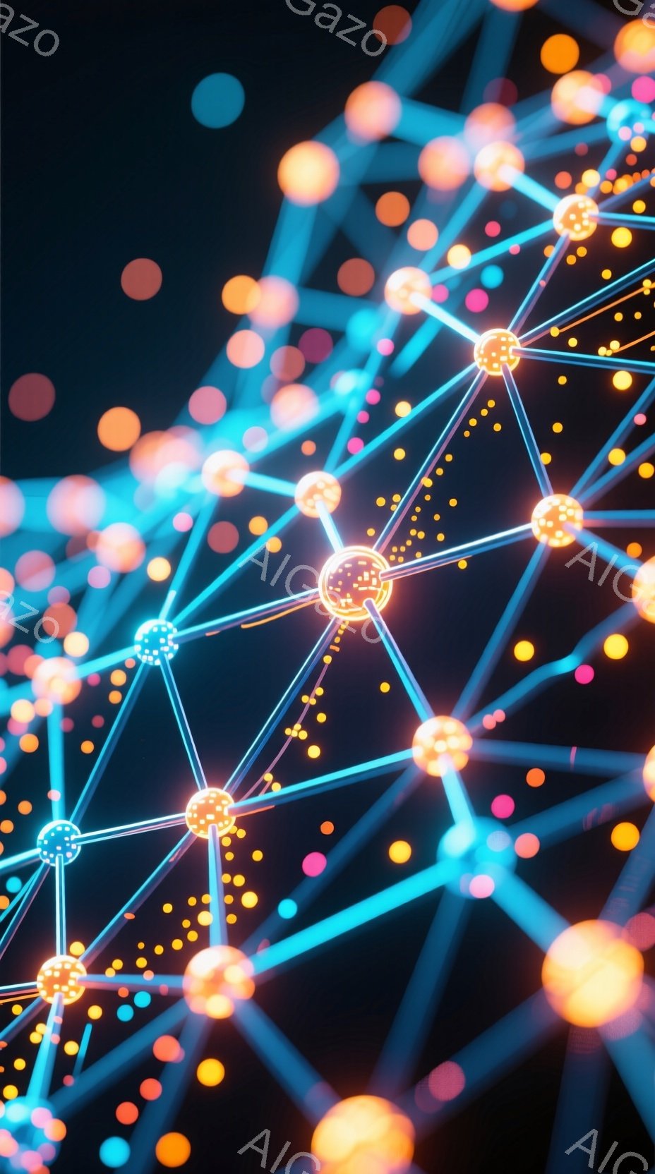 この画像は、暗い背景に光るドットと線で構成された抽象的なネットワークを描いています。様々な大きさの光る球体が、細い光の線で複雑に繋がれており、まるで神経回路や宇宙の星雲を連想させます。全体的に未来的な雰囲気で、テクノロジーや情報ネットワークを象徴しているように見えます。